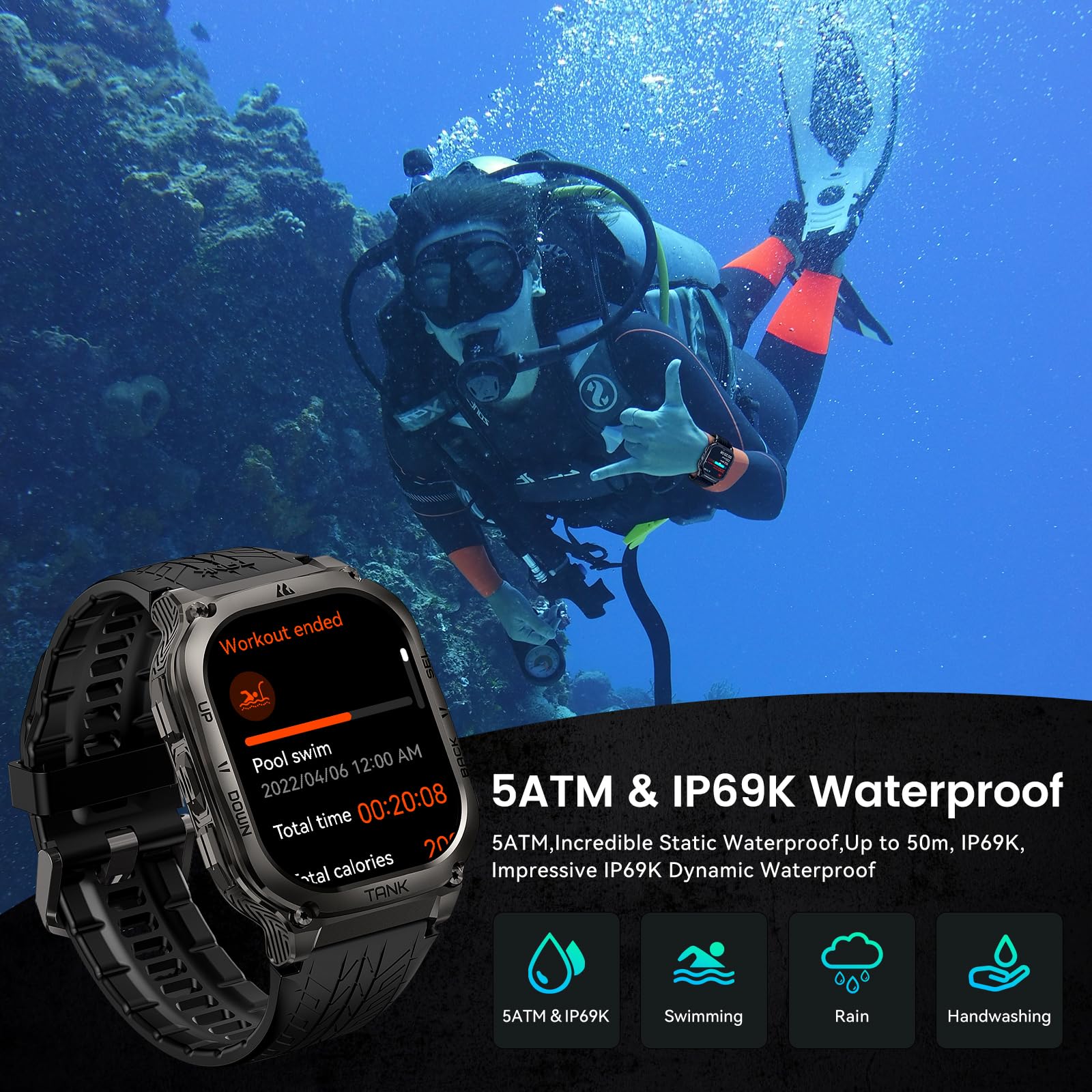 Amaztim Smart Watch, 60 Days Extra-Long Battery, 50M Waterproof, Rugged Military Bluetooth Call(Answer/Dial Calls), 2.0 '' Ultra