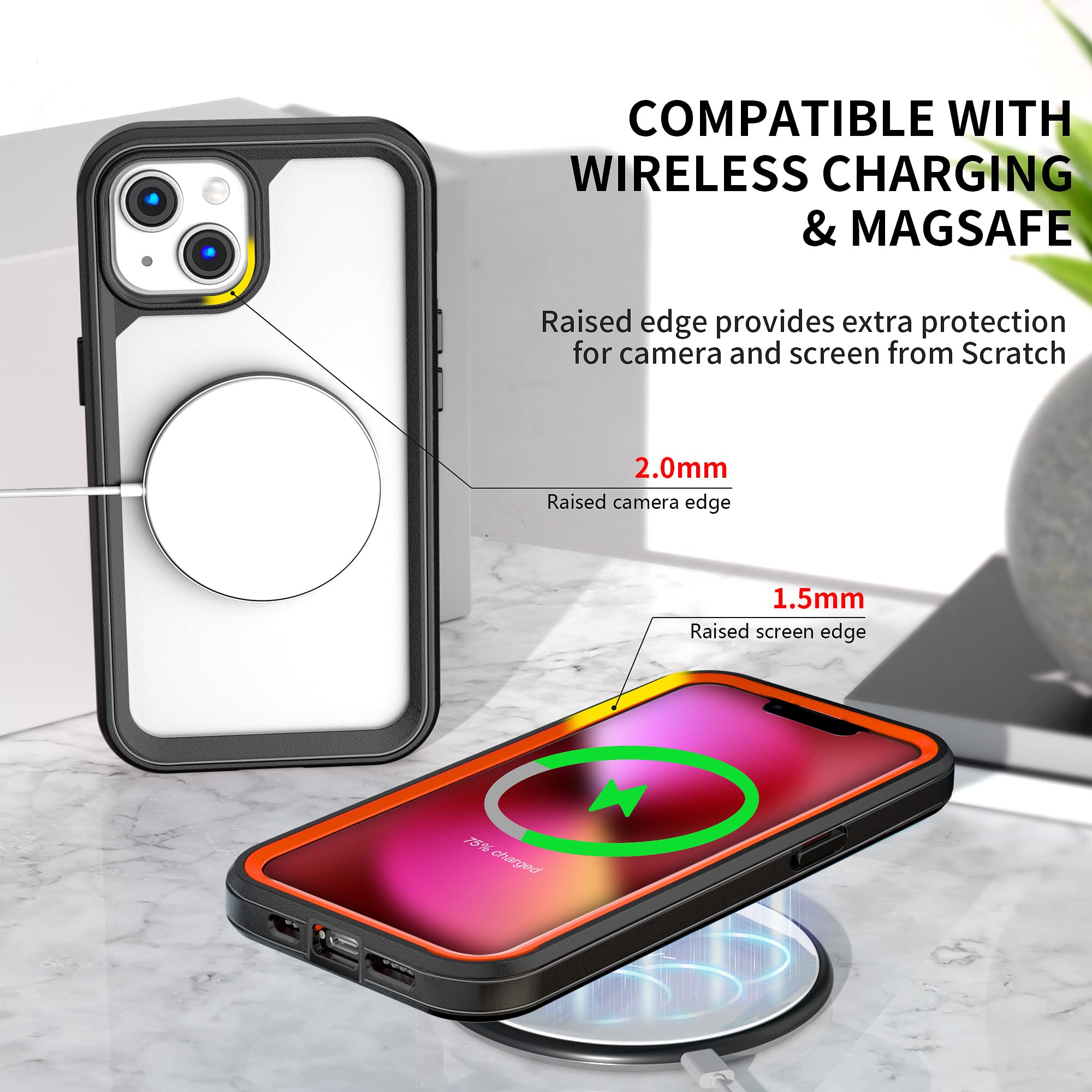 ZQE iPhone 13 6.1" All-in-One Phone Case with Built-in 9H Tempered Glass Screen & Camera Lens Protector TPU Black Orange