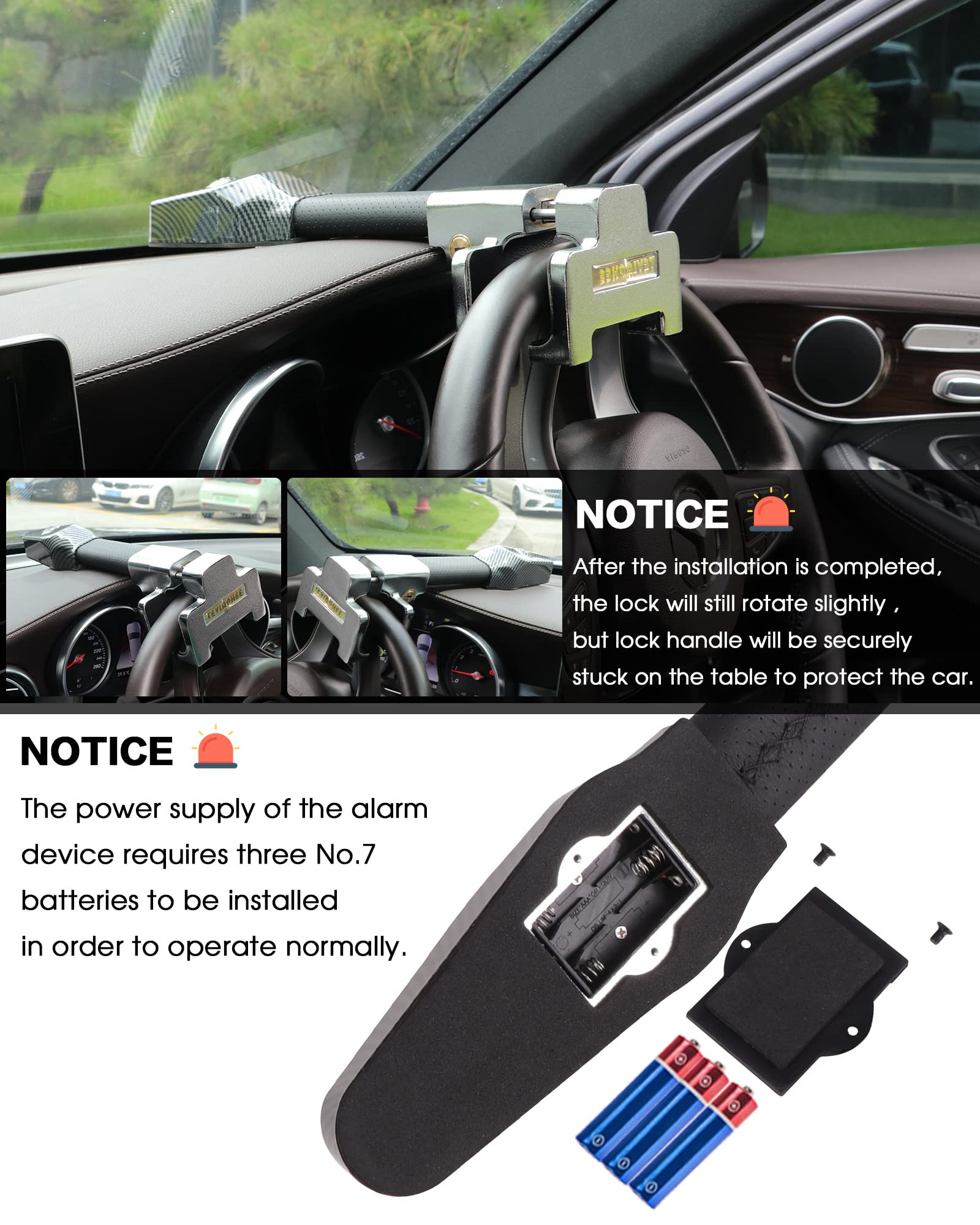 Tevlaphee Steering Wheel Lock With Alarm,Heavy Duty Anti Theft Car Device Car Lock Car Theft Prevention Universal Fit For Vehicl