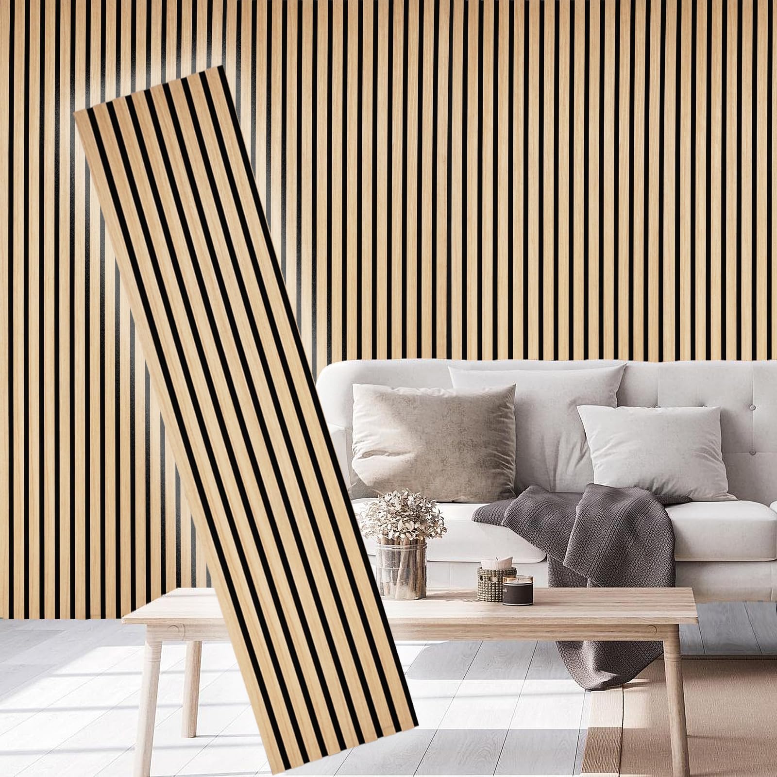 E Hao 2 Piece Wood Slat Acoustic Panels For Stylish Decor And Noise Reduction, 3D Textured Panel For Ceiling And Wall   White Oa