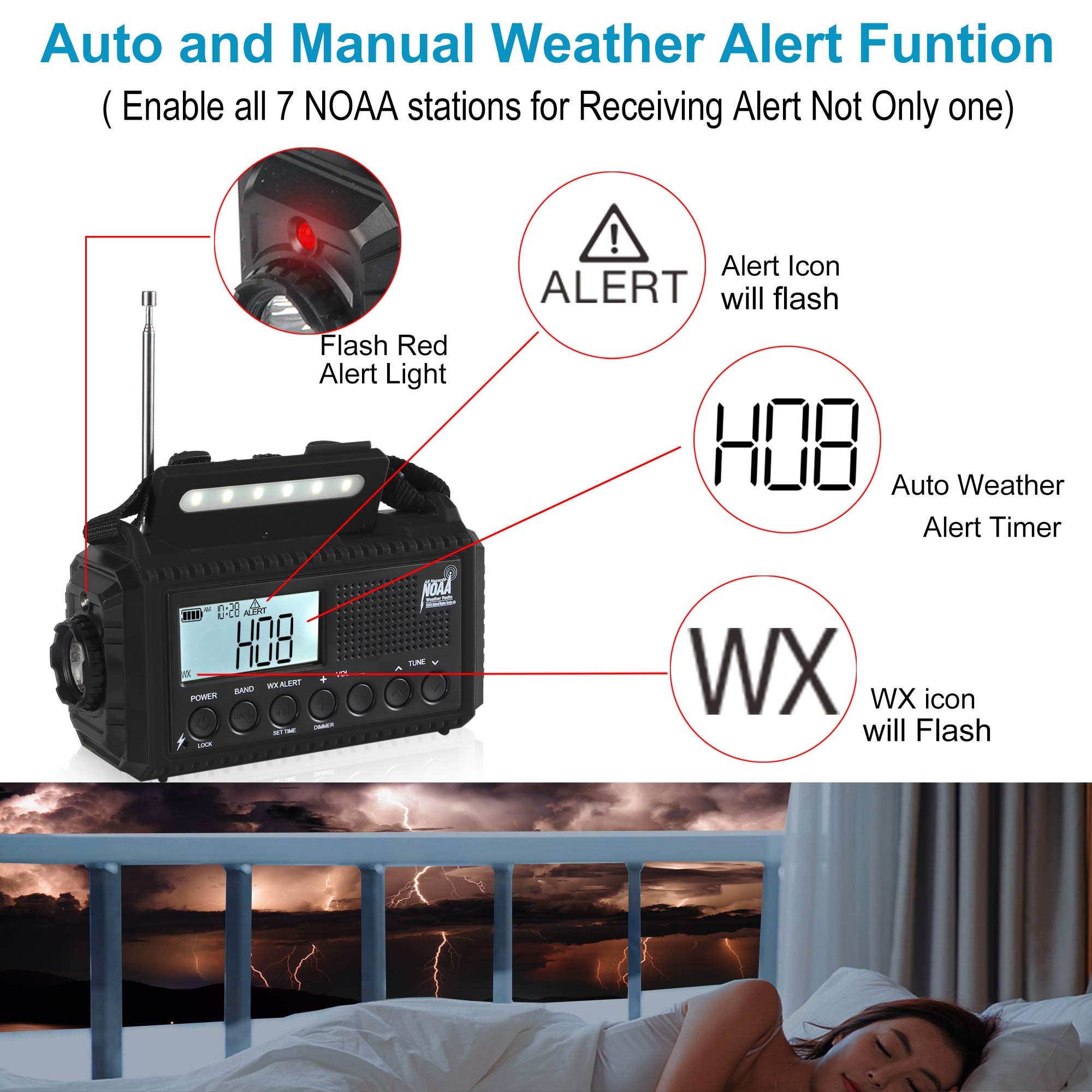 Auto Noaa Digital 5000 Weather Radio With Backlit Lcd Screen, 5 Way Powered Solar Hand Crank Portable Am/Fm/Shortwave Emergency