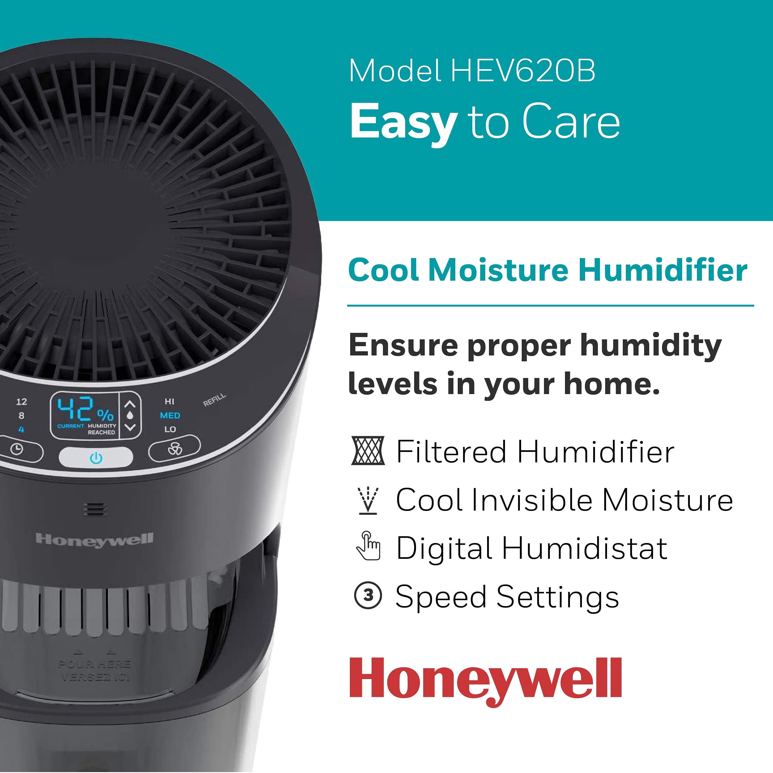 Honeywell Top Fill Tower Humidifier, Digital Humidistat, Black   Cool Mist Humidifier For Bedroom, Home Or Office With Space Sav