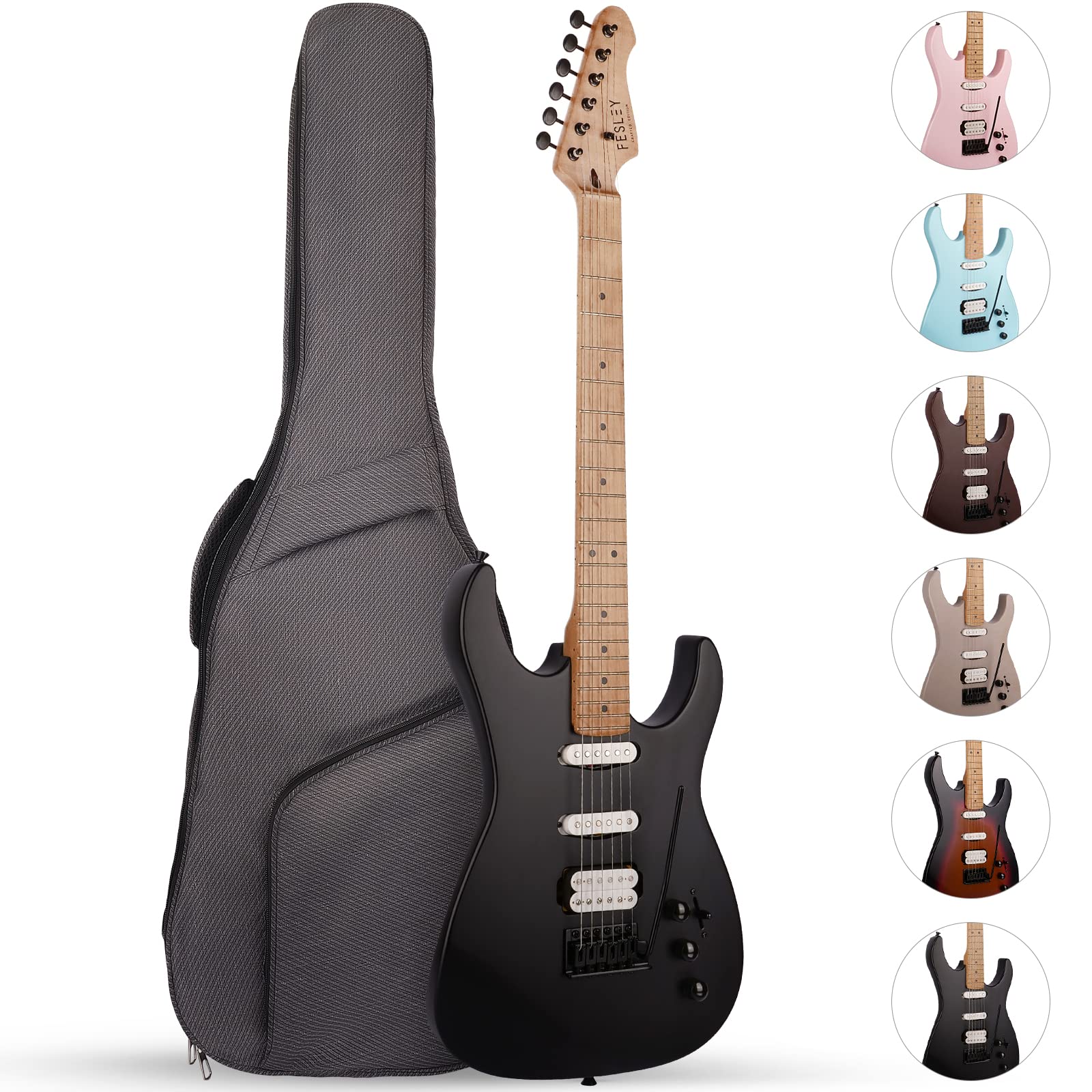 Fesley Electric Guitar, Full Size Solid Body, Hss 6 Strings, F St Style, Right Handed, Aaa Hard Maple Neck & Fretboard Minimalis