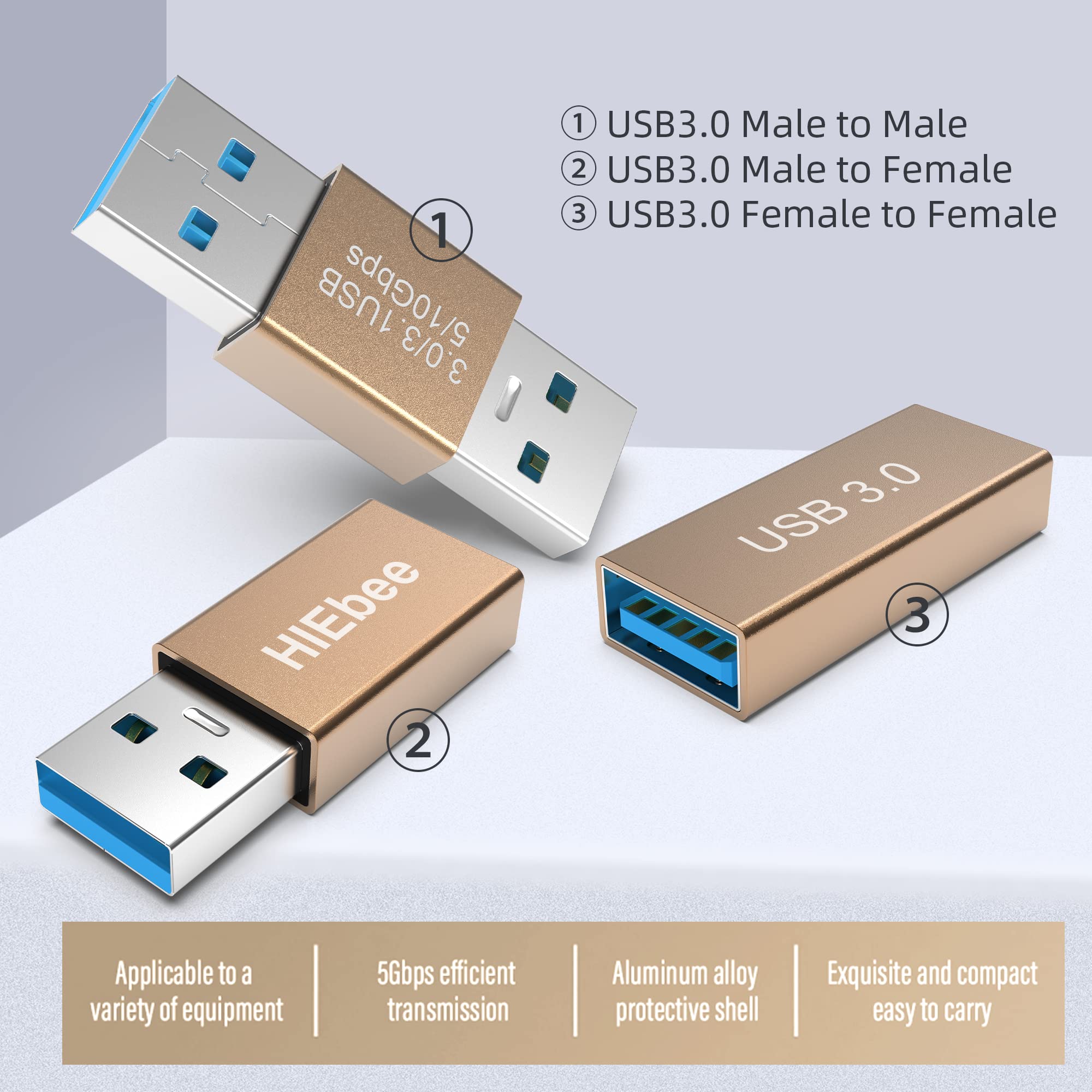 Hiebee 3Kinds Of Usb 3.0 Apters Kit, Usb 3.0 Female To Female And Male To Male And Female To Male, High Speed Convert Extension Coupler Connector Converte,Gold
