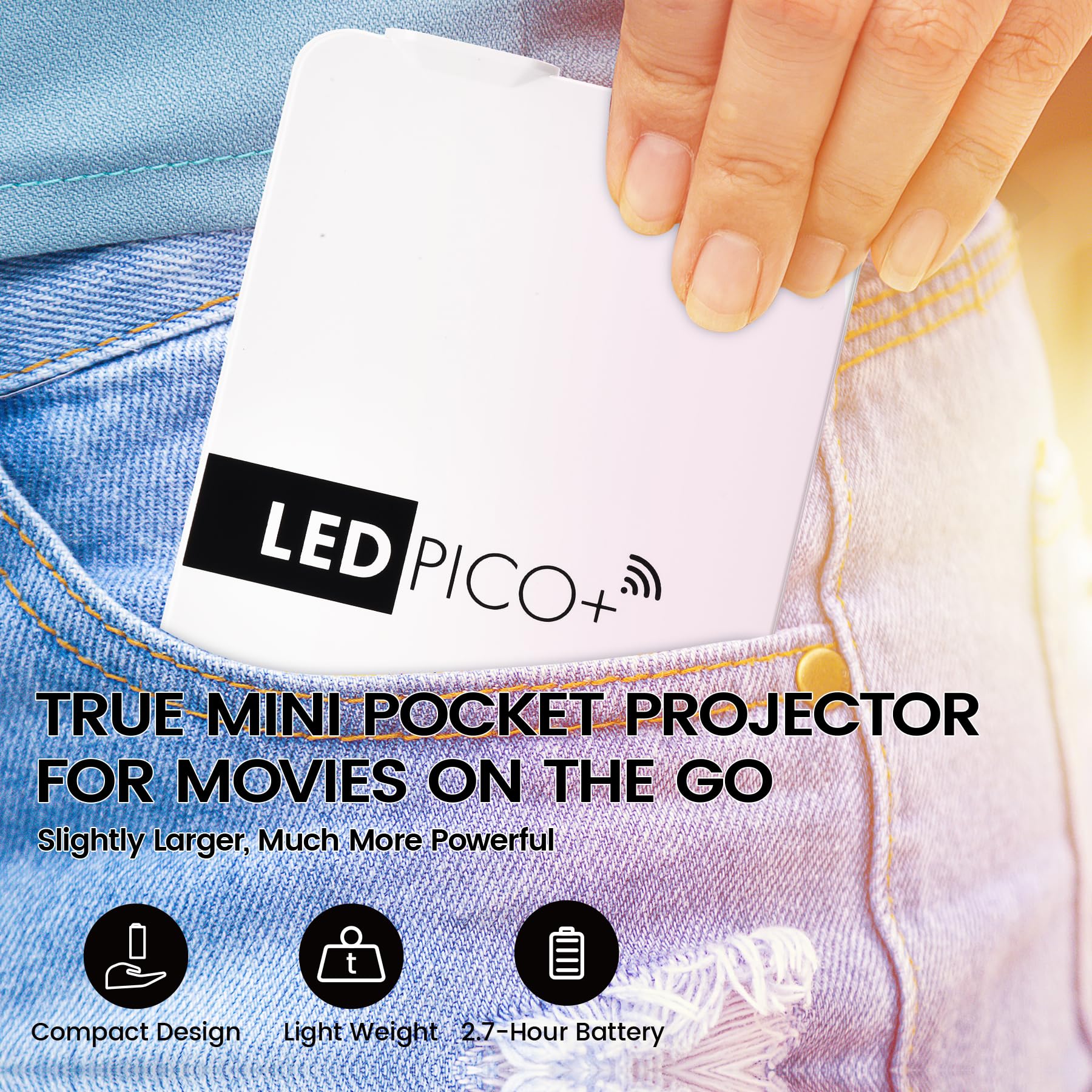 Aaxa Led Pico+ Max Mini Projector, 2.7 Hour Battery, Dlp 1080P, Wireless Mirroring, Mini Hdmi, Onboard Media Player & Speakers,