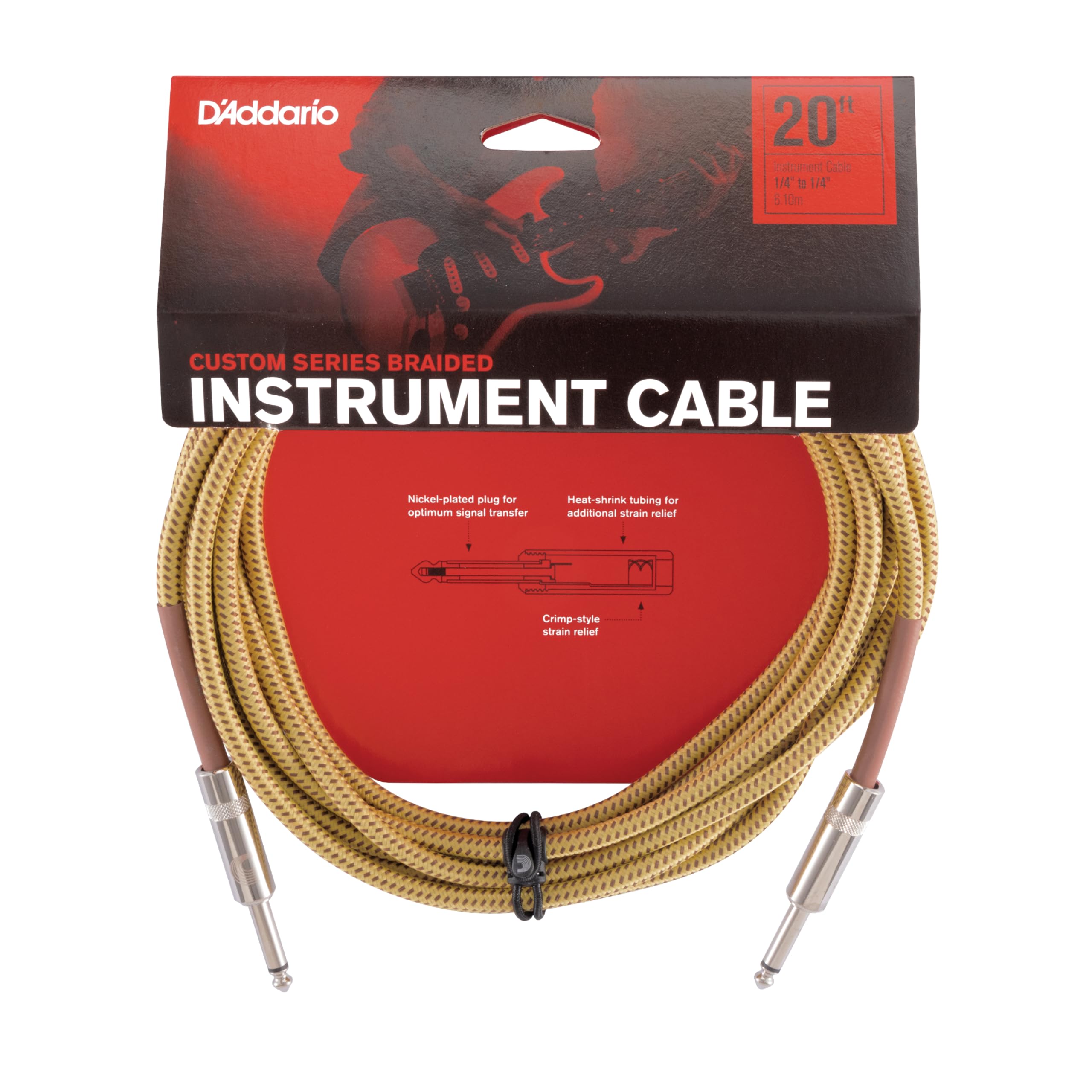 DAddario Guitar Cable - Guitar Lead - Instrument Cable - Guitar Accessories - Custom Series Braided Cable - 20 Feet/7.62 Meters