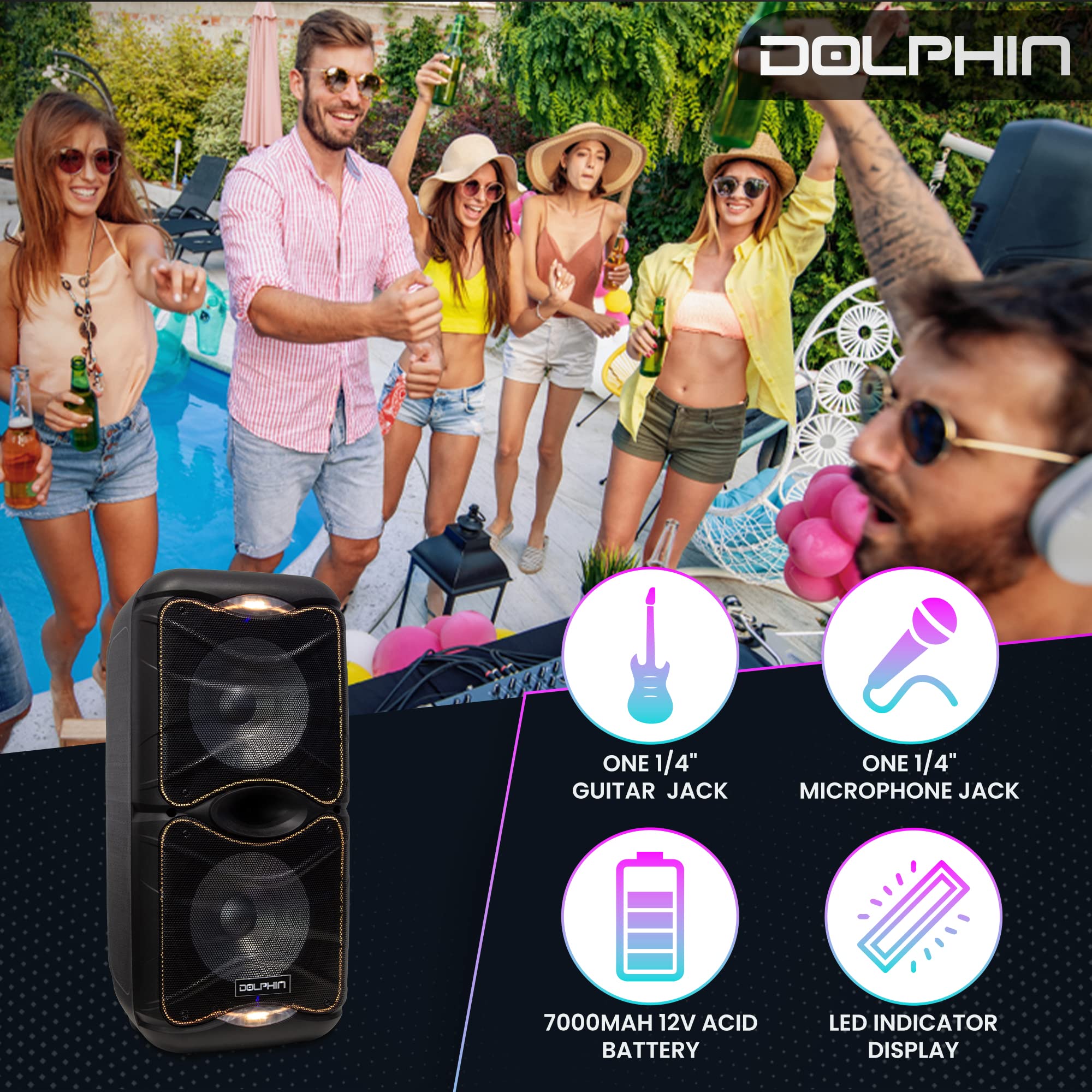 Dolphin Sp 212Rbt Portable Bluetooth Party Speaker With Lights And Pa System With Expandable Battery