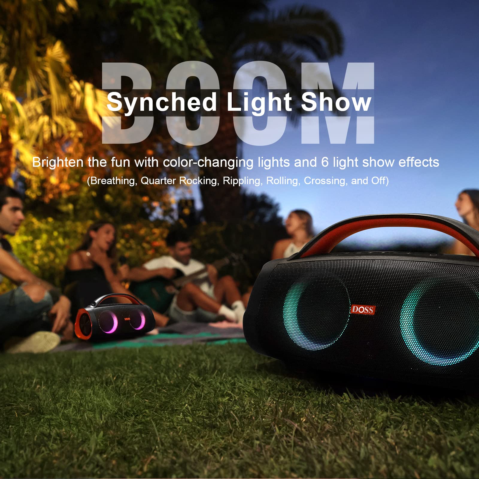 Doss Extreme Boom+ Outdoor Bluetooth Speaker With 100W Stereo Sound, Extra Bass, 20H Playtime, Party Sync Led Lights, Built In Power Bank, Ipx6 Waterproof Speaker For Camping, Pool, Beach, Yard