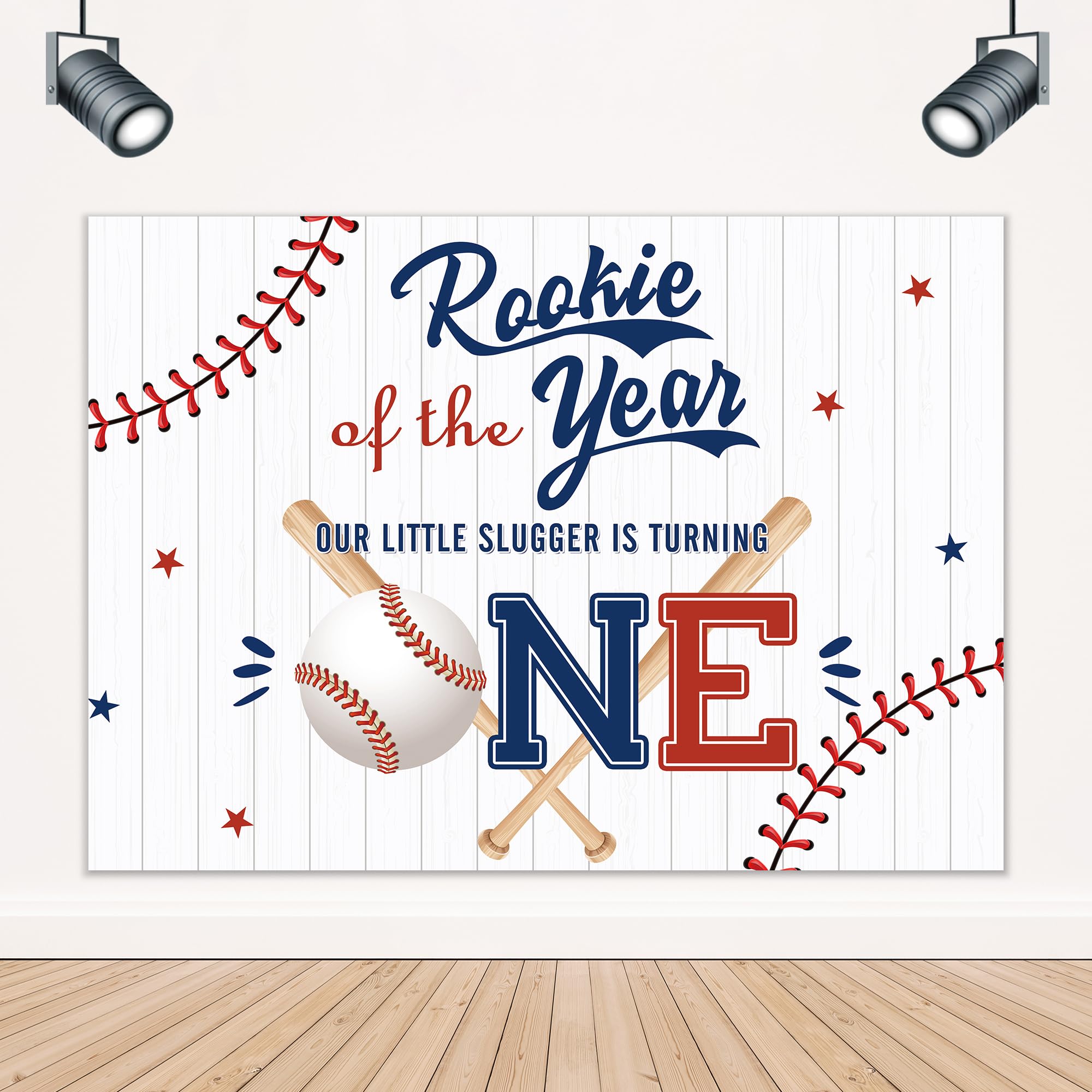 Lightinhome Baseball 1St Birthday Backdrop 7Wx5H Feet Rookie Of The Year Blue Red Wooden Plank Slugger Is Turning One Boys Bday