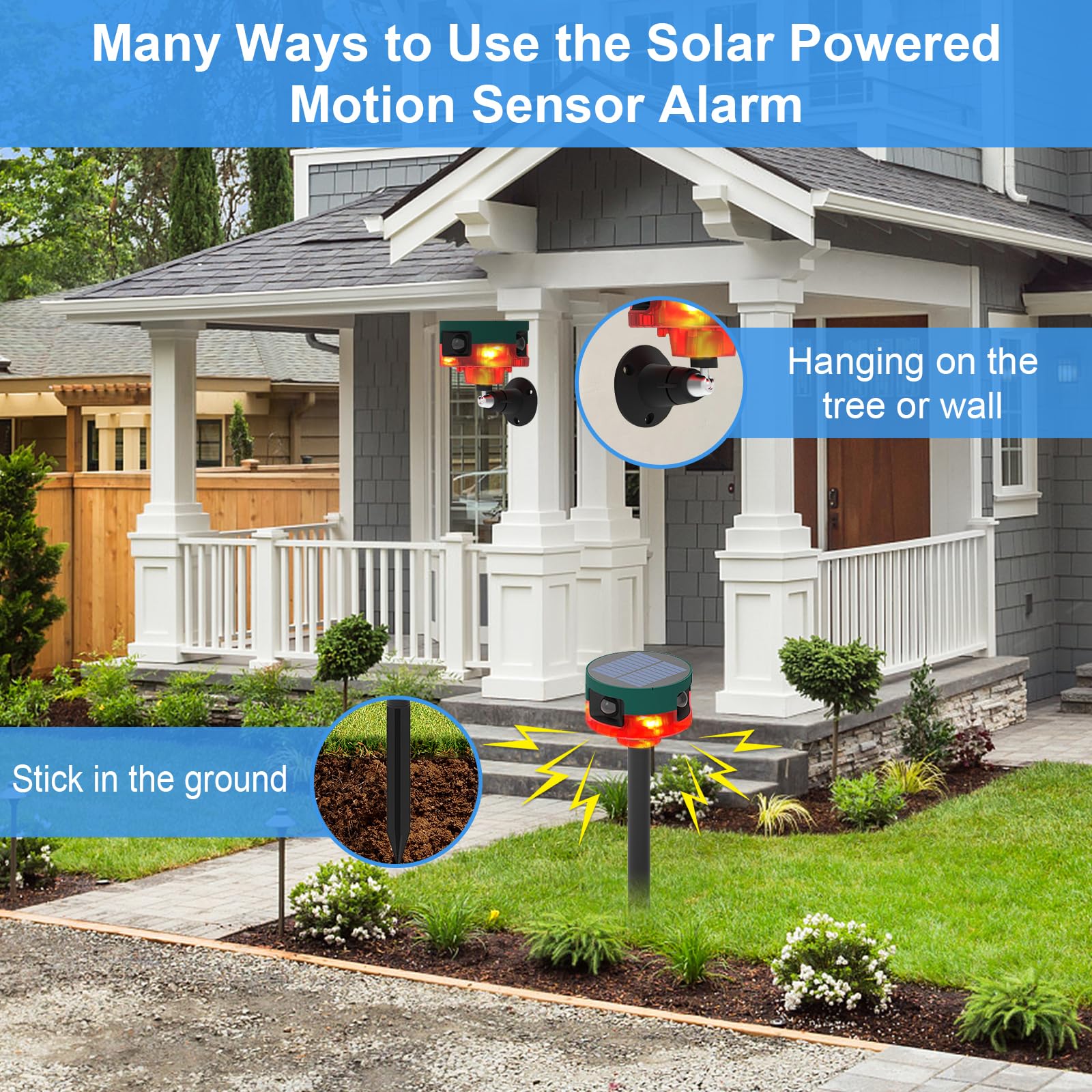 ChunHee Solar Motion Sensor Alarm - 129dB Loud Siren, 360° Detection, 3 Modes, 2 Pack, Light Color
