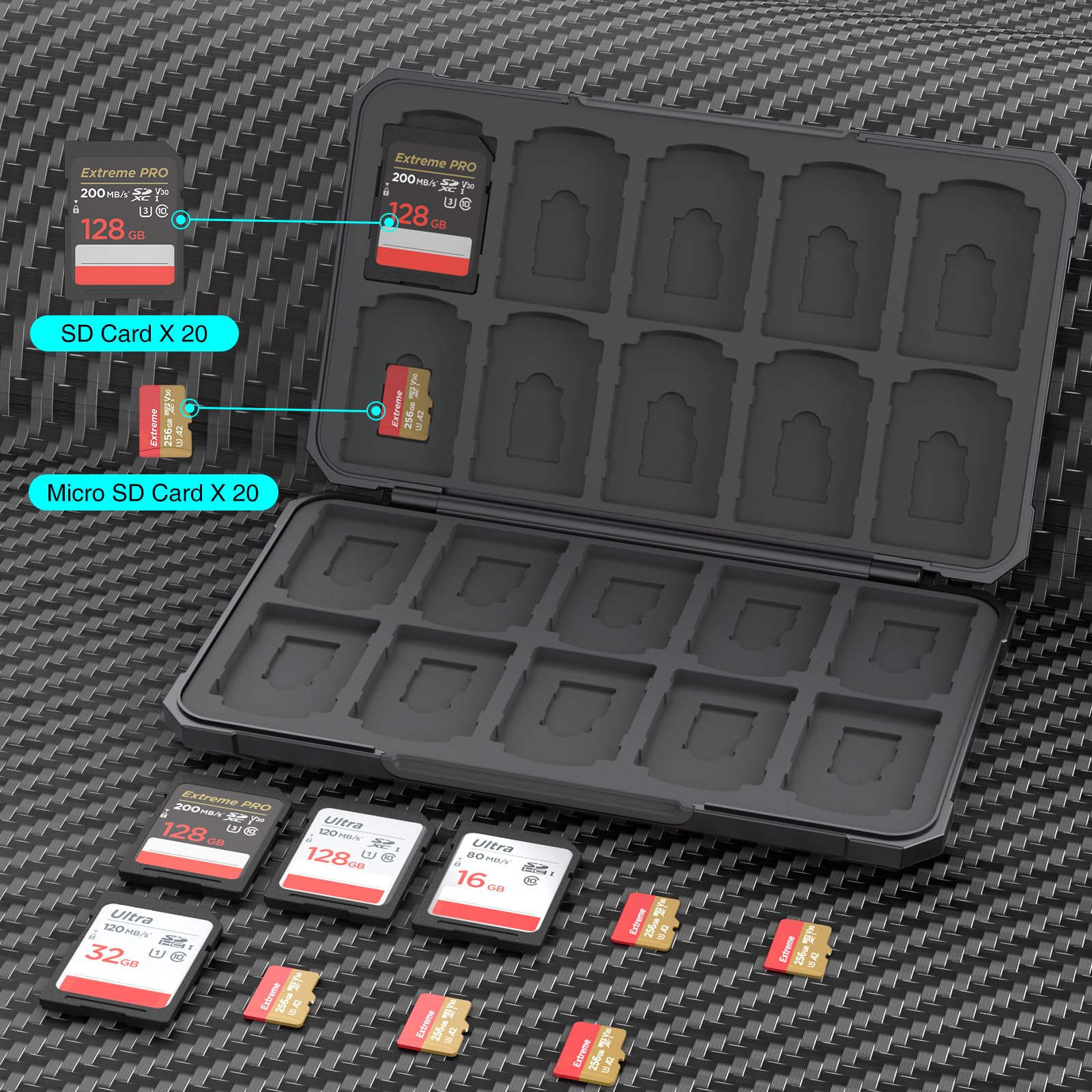 THELIFELICIOUS SD Card Holder Case for 20 SDXC/SDHC & 20 TF Cards, Plastic, Black, Model JM06