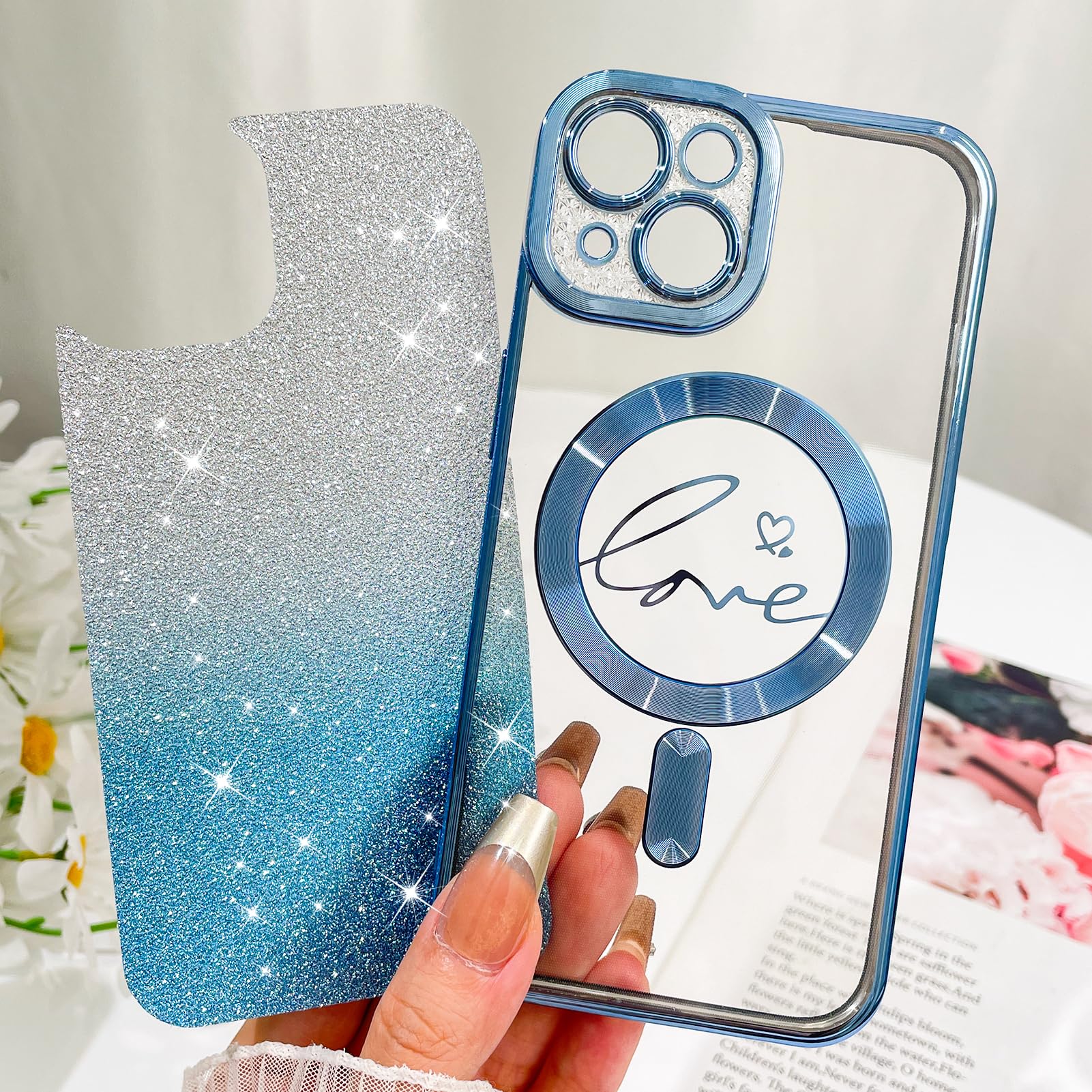 Fiyart Designed For Iphone 13 Case,Compatible With Magsafe Love Heart Plating Camera Protection Clear Phone Case, Magnetic Glitt