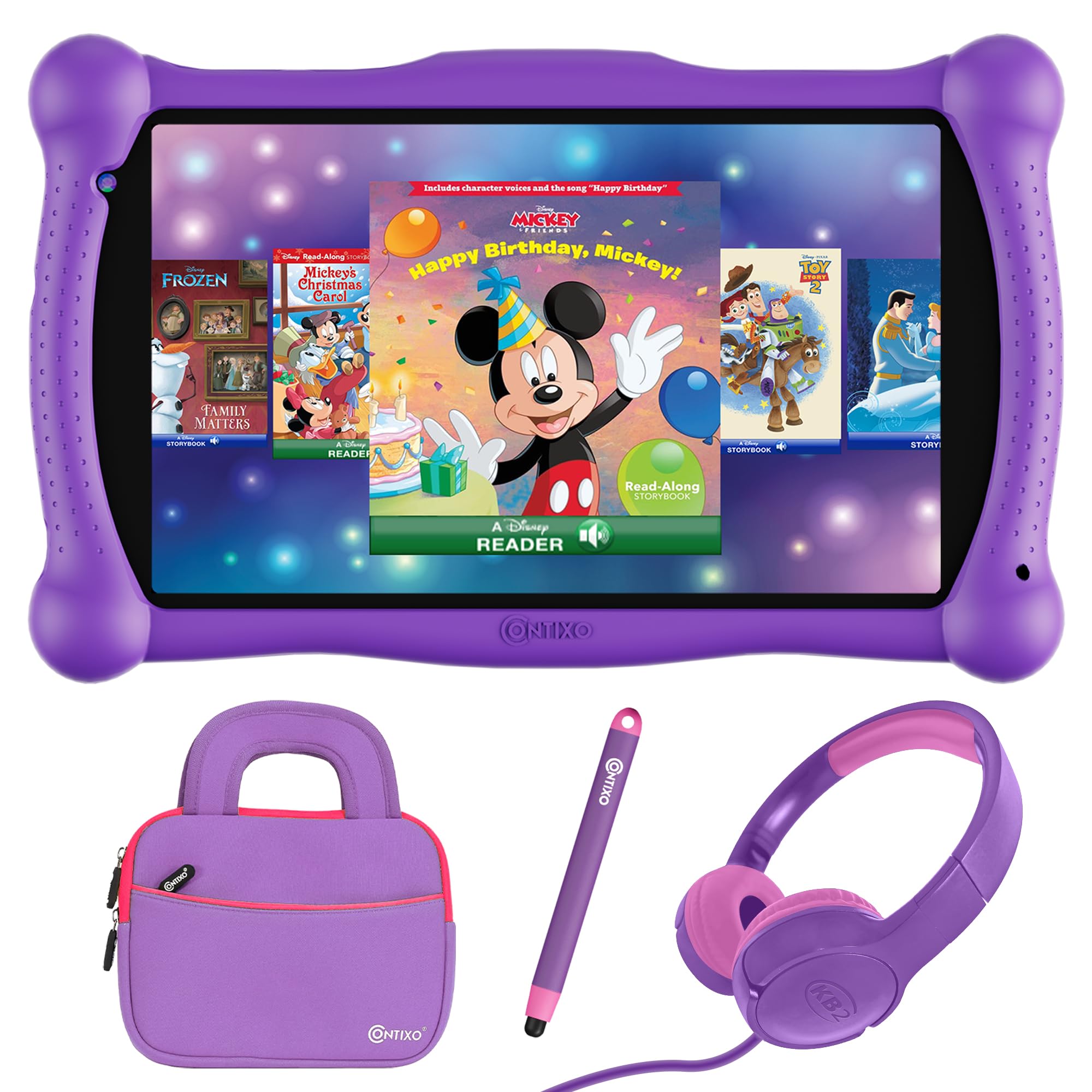 Contixo 7 Inch Disney Kids Learning Tablet, Wifi, Bluetooth, Kids Wired Headphone, Stylus And Tablet Bag Bundle With Teacher Approved Apps And Parent Control   Purple Set