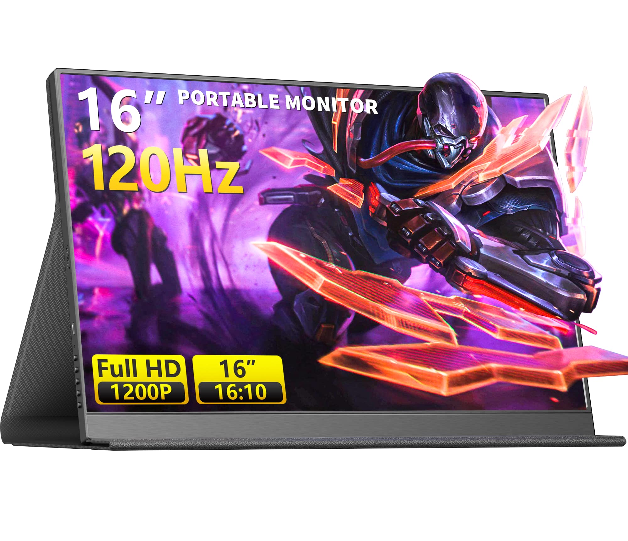 120Hz Portable Gaming Monitor, 16 1920x1200 IPS Second Monitor for Laptop, Dual USB-C HDMI Computer Display with Speakers, Dual