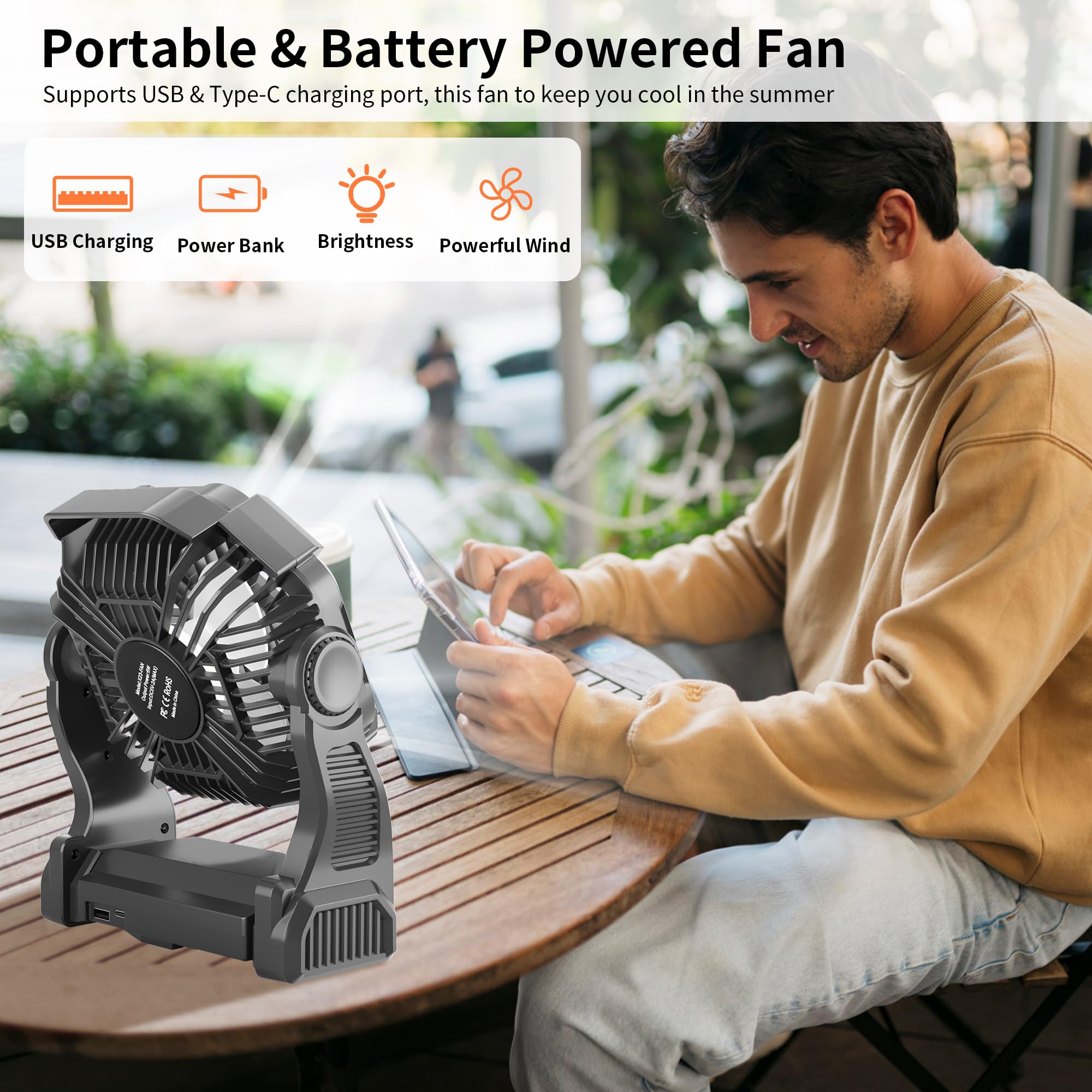 Tdlol Battery Operated Fan, Up 38H Rechargeable Camping Fan Battery Powered, 10In Battery Powered Fan Outdoor Camping Fan With L