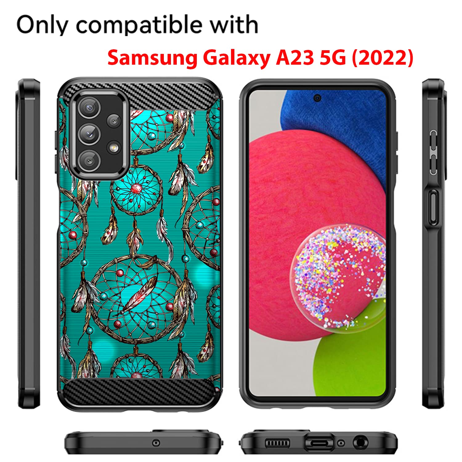 CasesOnDeck Samsung Galaxy A23 5G A23 Phone Case Tribal Floral Matte TPU Carbon Fiber Teal Dreamcatcher
