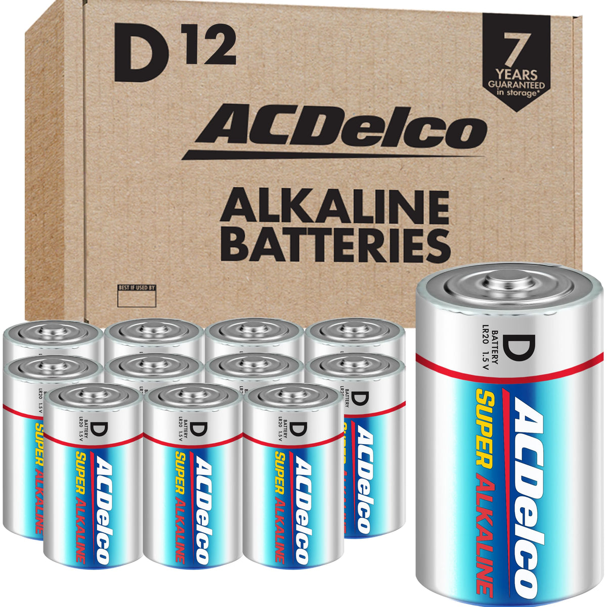 Acdelco 12-Count D Batteries, Maximum Power Super Alkaline Battery, 7-Year Shelf Life, Recloseable Packaging