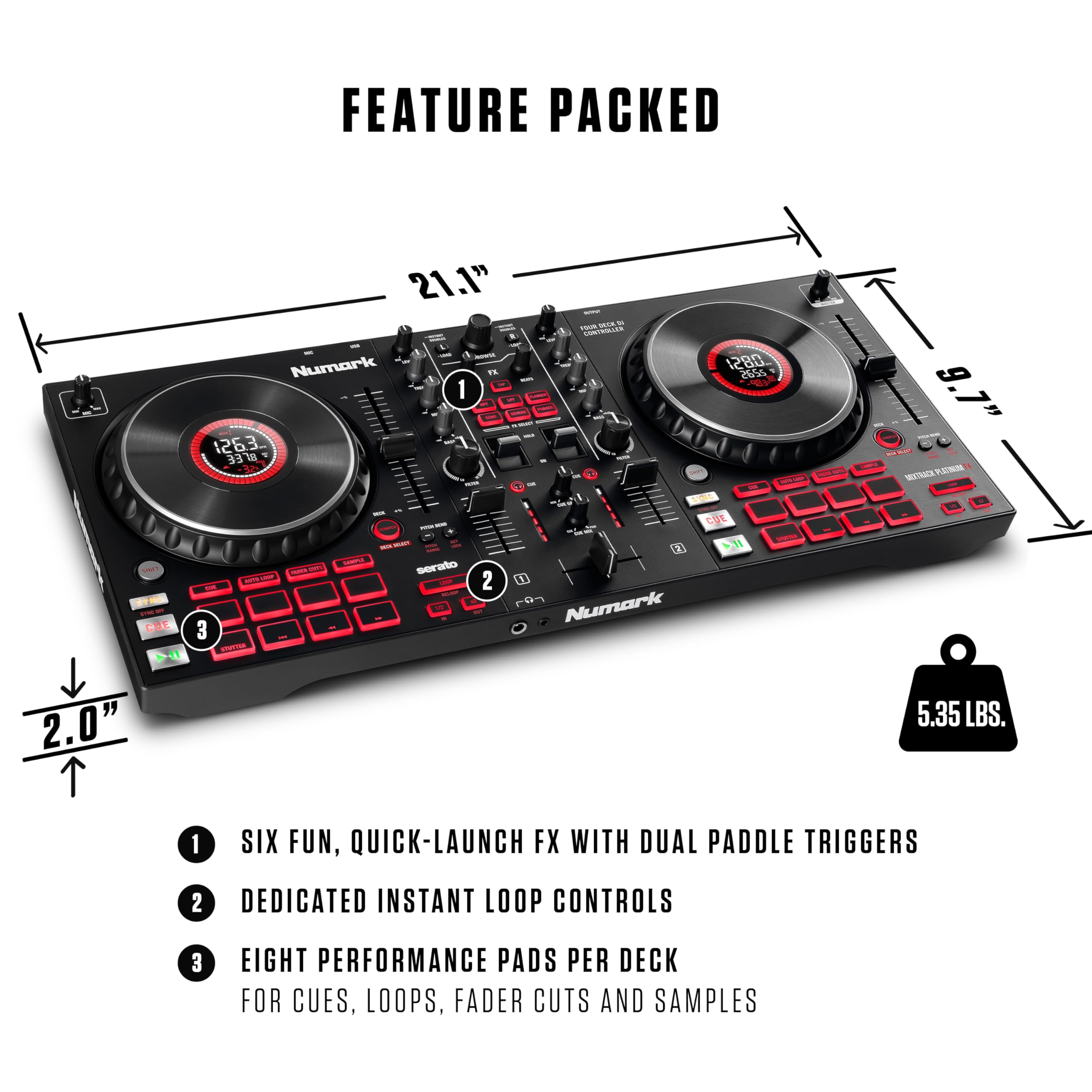 Numark Mixtrack Platinum Fx   Dj Controller For Serato Dj With 4 Deck Control, Dj Mixer, Built In Audio Interface, Jog Wheel Dis