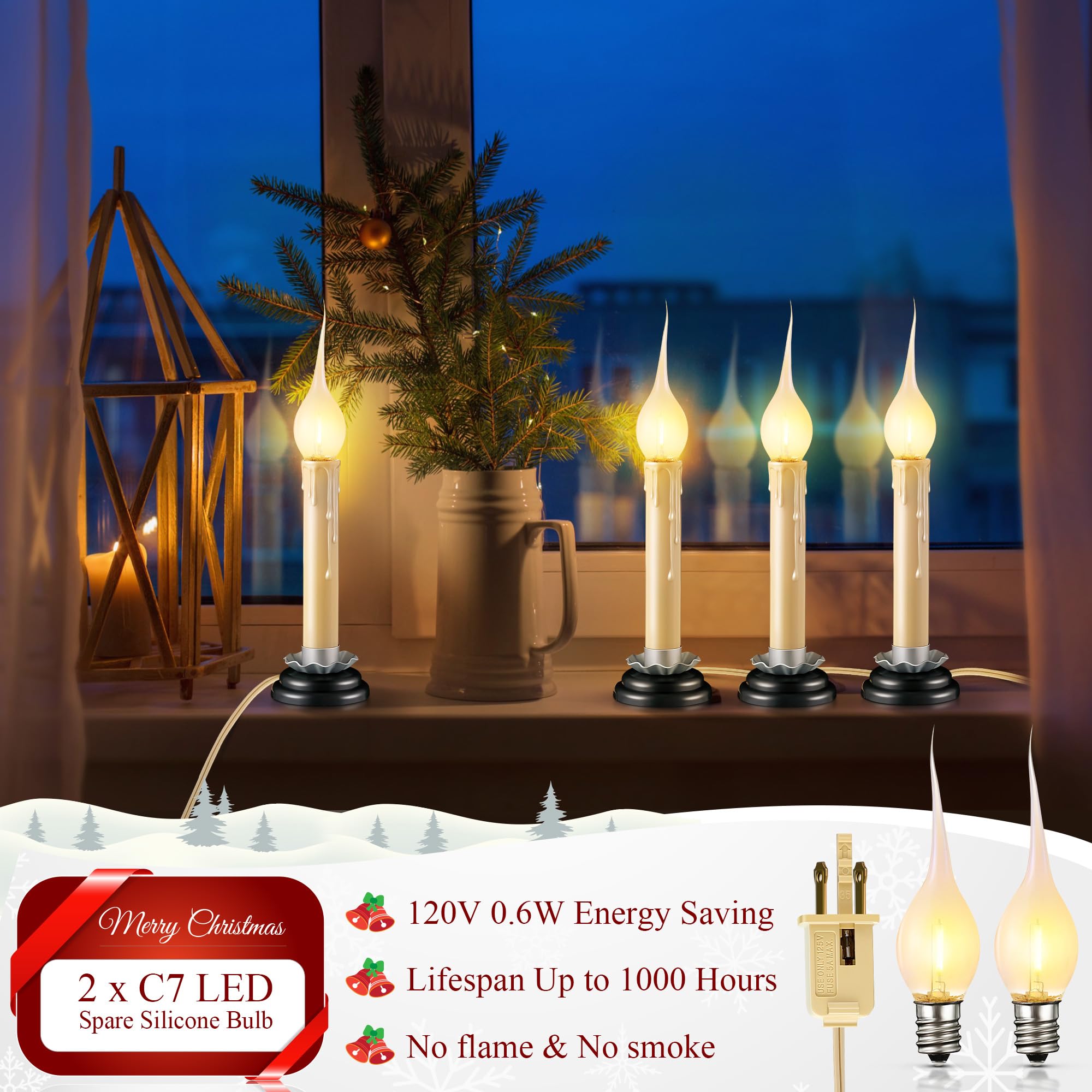 Enhon 4 Pack 5 Inch Electric Rustic Country Candle Lights With Replacement Silicone Led Light Bulbs, 0.6W C7 Plug In Christmas E