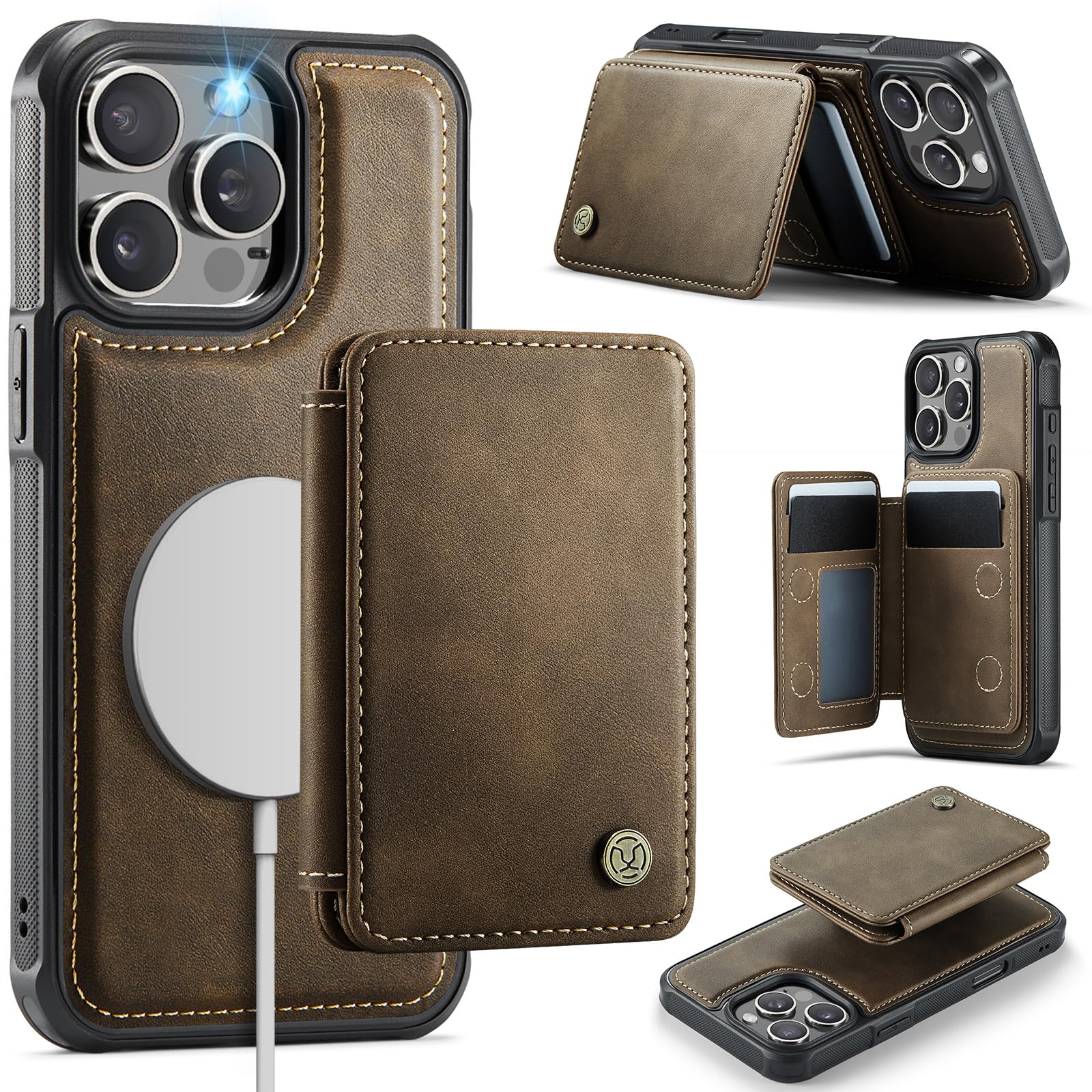 Usroom Compatible with Magsafe for iPhone 16 Pro Max Wallet Case Magnetic Card Holder, RFID Blocking 2 in 1 Detachable Kickstand