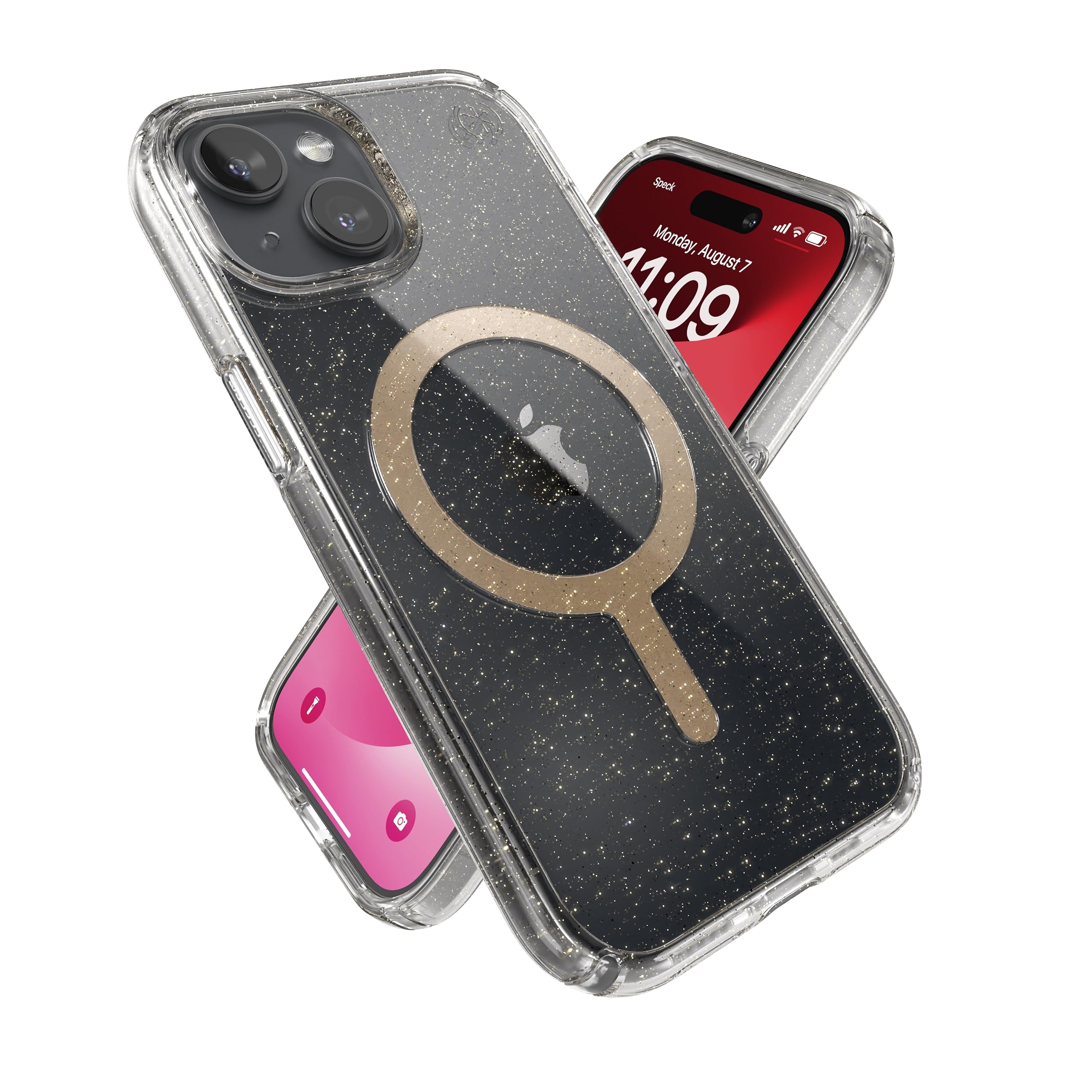 Speck Clear iPhone 15 Case MagSafe - Slim Phone Case - 6.1 inch - Compatible with iPhone 14 & 13 - Presidio Lux Clear/Gold Glitt