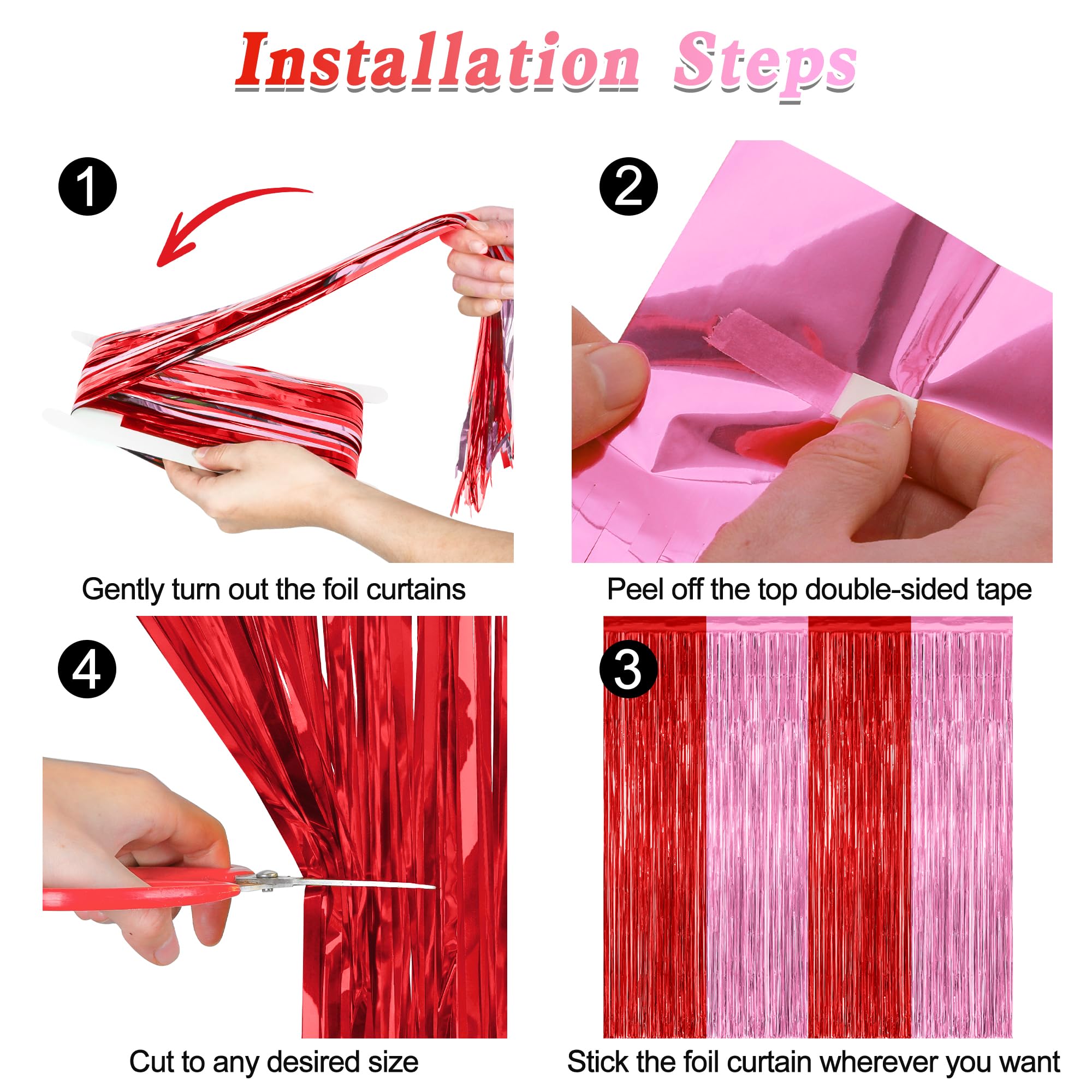 2 Pack Backdrop Curtains, 3.28 Feet X 7.05 Feet Red Pink Backdrop, Metallic Fringe Curtains Tinsel Backdrop Party Streamer, Babi