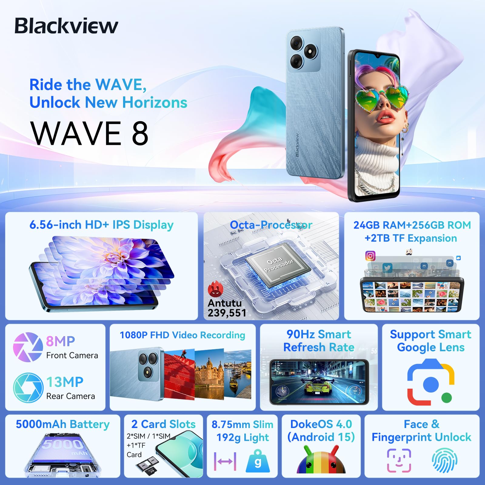 Blackview Wave8 Android 15, 24Gb + 256Gb Expand 2Tb Octa-Core Cell Phone Unlocked, 6.56'' Hd+ Display, 5000Mah Battery, 4G Dua S