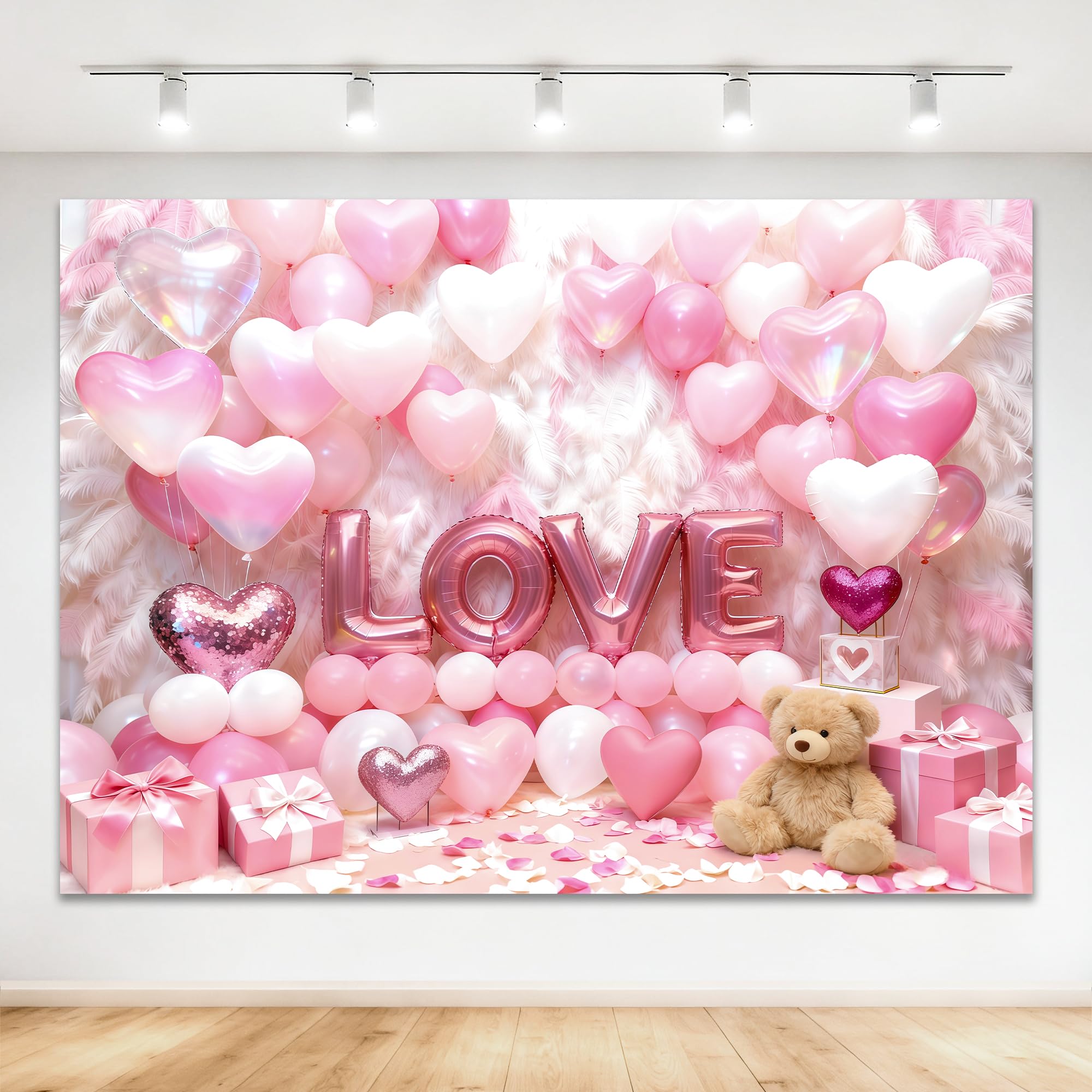 Zyloon Pink Valentines Day Backdrop, Valentines Banner, Pink Hearts Balloons Backdrop Romantic Love Valentines Day Party Decora