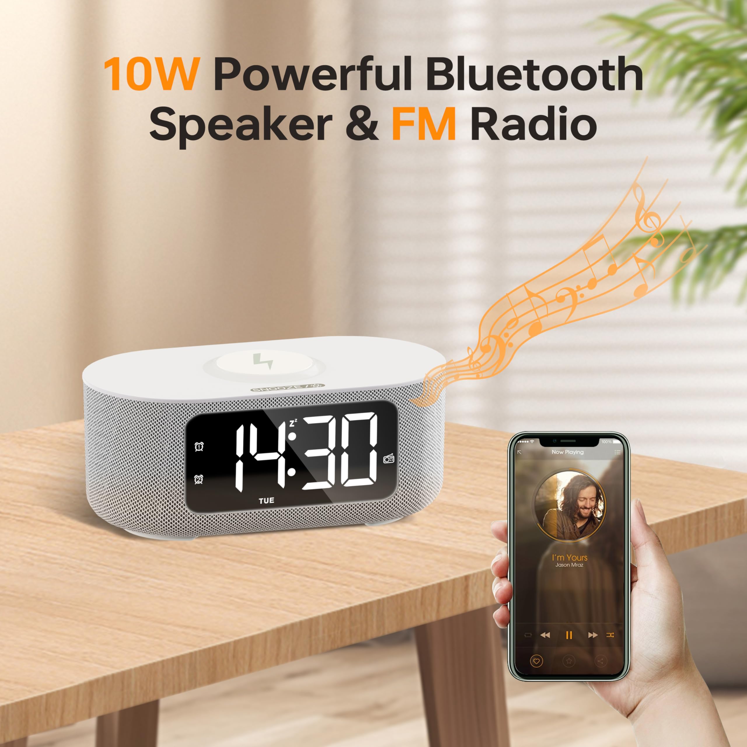 Jall Fabric Alarm Clock For Bedroom, With Big Led Screen Display, Bluetooth Stereo Sound Speaker, Fm Radio, Fast Wireless Chargi