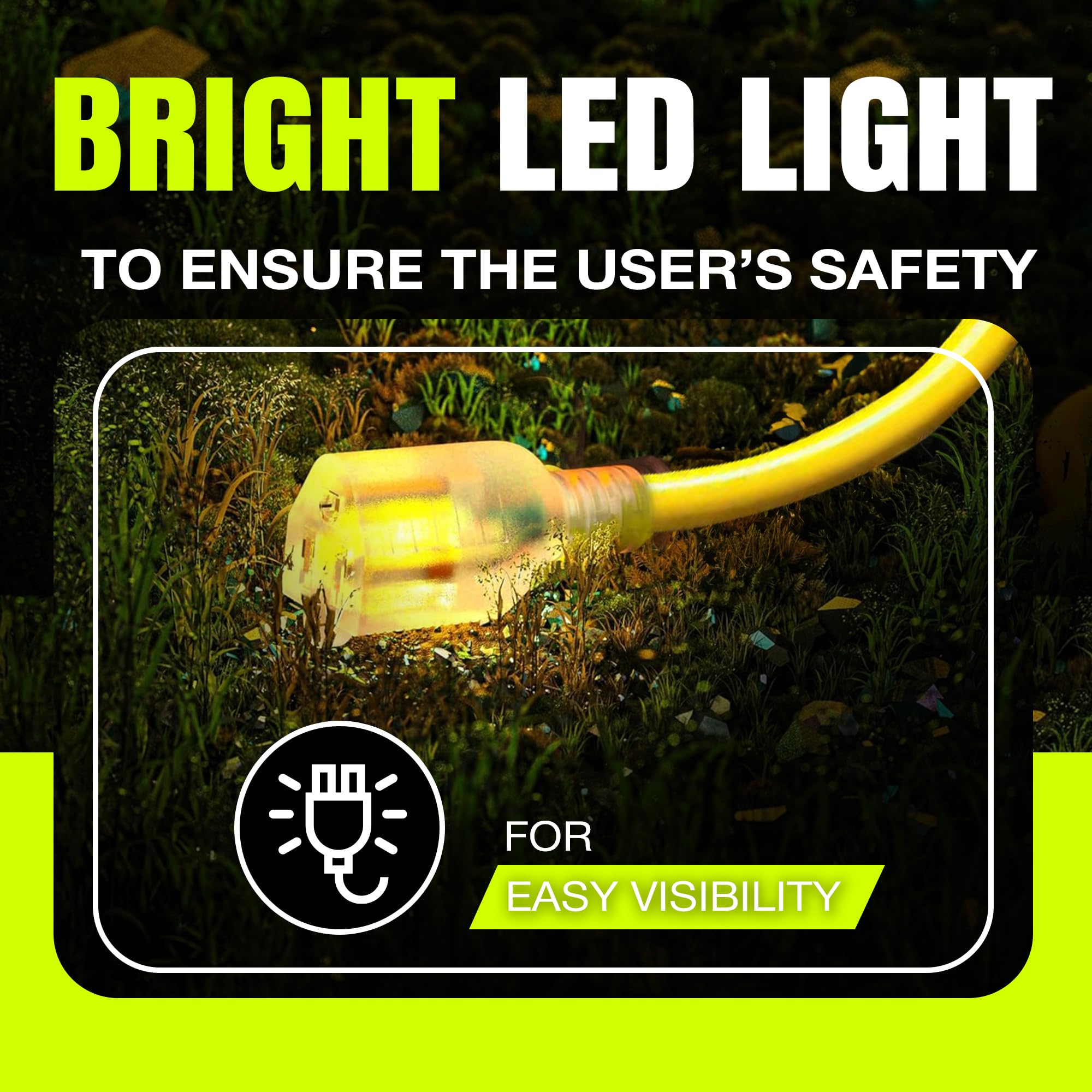 Lifesupplyusa 3 Ft Power Extension Cord Outdoor & Indoor Heavy Duty 10 Gauge/3 Prong Sjtw (Yellow) Lighted End Extra Durability
