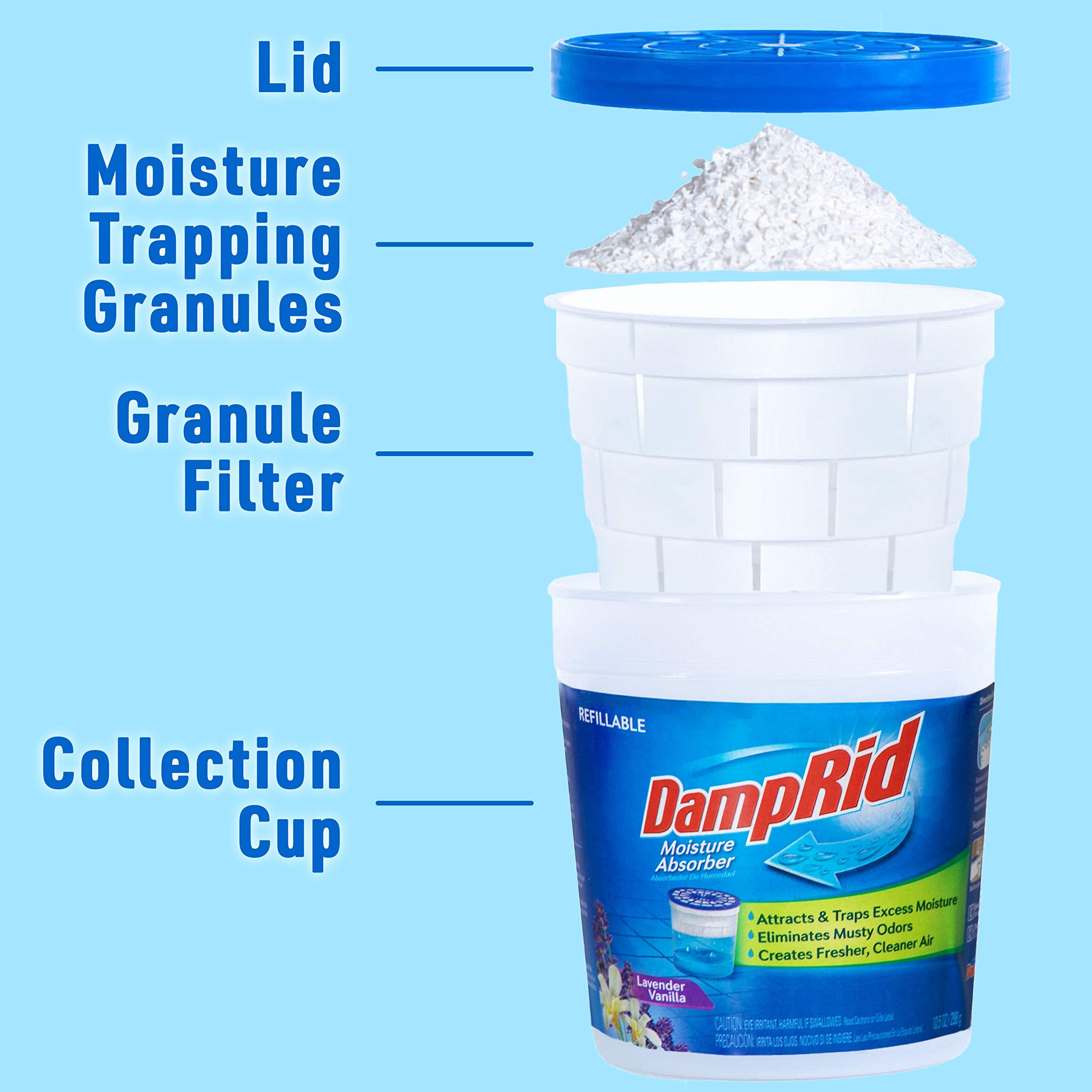 Damprid Absorber 10.5Oz Refillable Absorber Traps Moisture For Fresher, Cleaner Air, 10.5Oz Cups   4 Pack, Blue, 4 Count