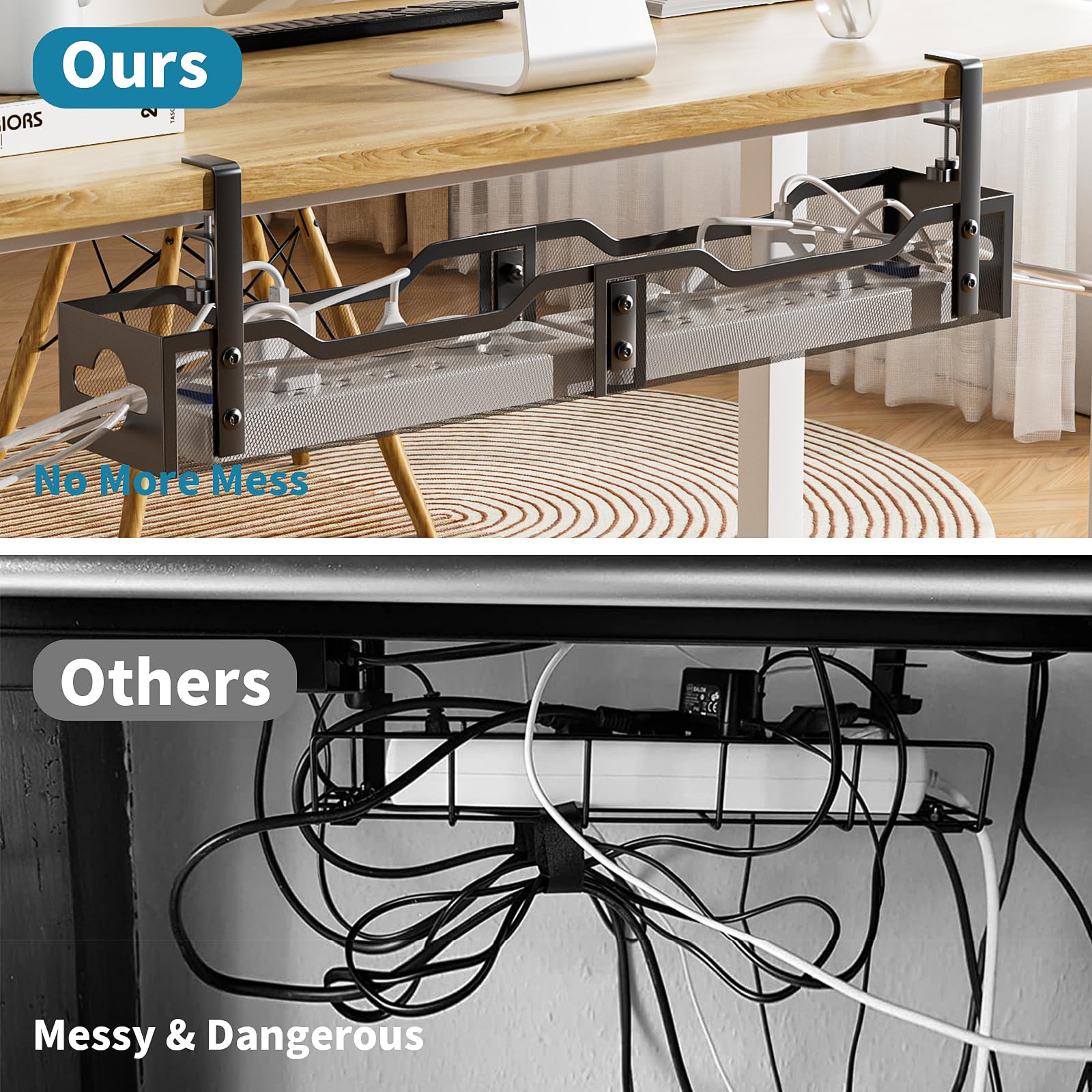 Under Desk Cable Management Tray, Litwaro Cable Management Under Desk No Drill, 25'' Metal Cable Tray With Clamp For Desk Wire M