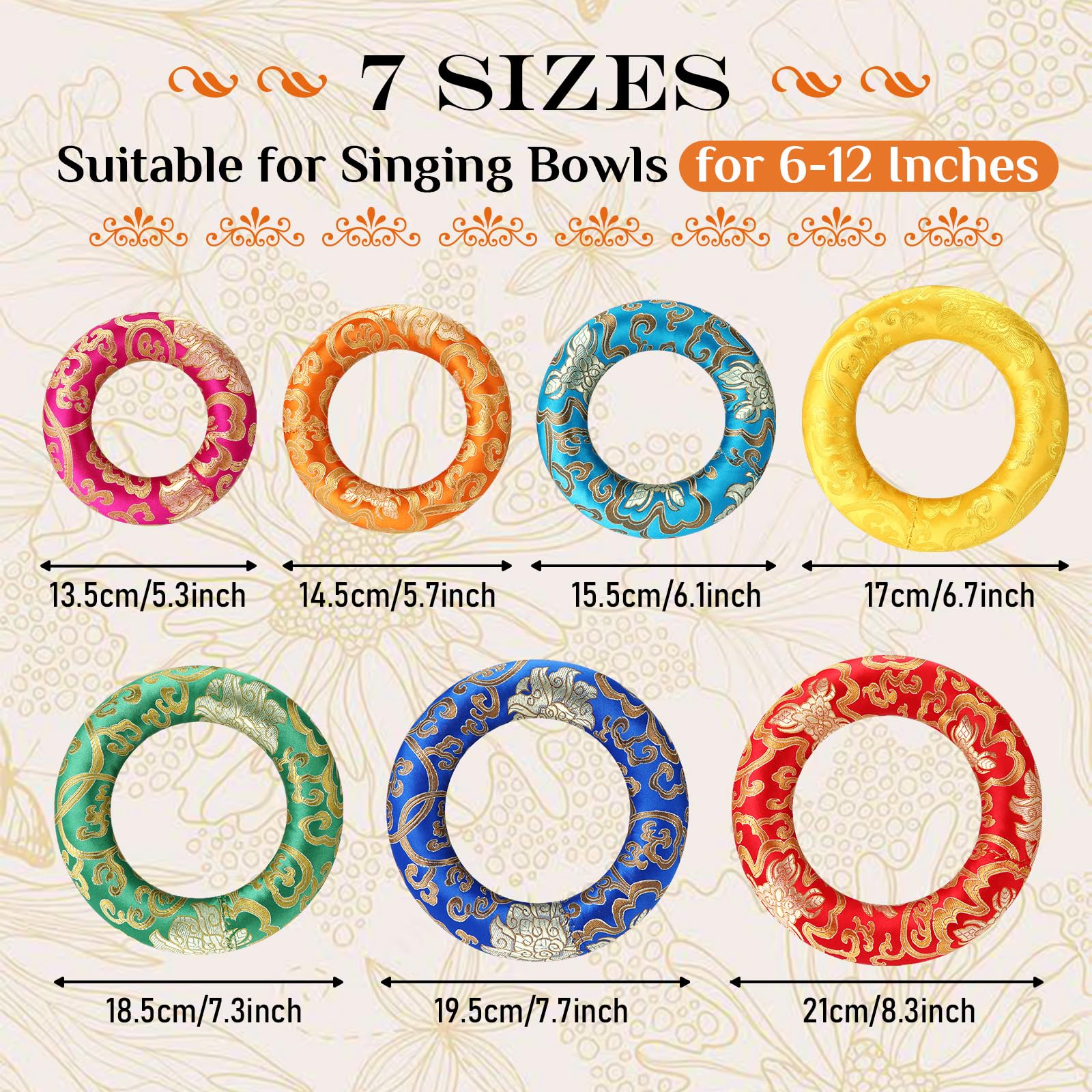 Barydat 7 Pieces Silk Singing Bowl Cushion Set O Ring Cushion Pillow Pad For 6-12 Inch Tibetan Crystal Sound Bowl,7 Sizes