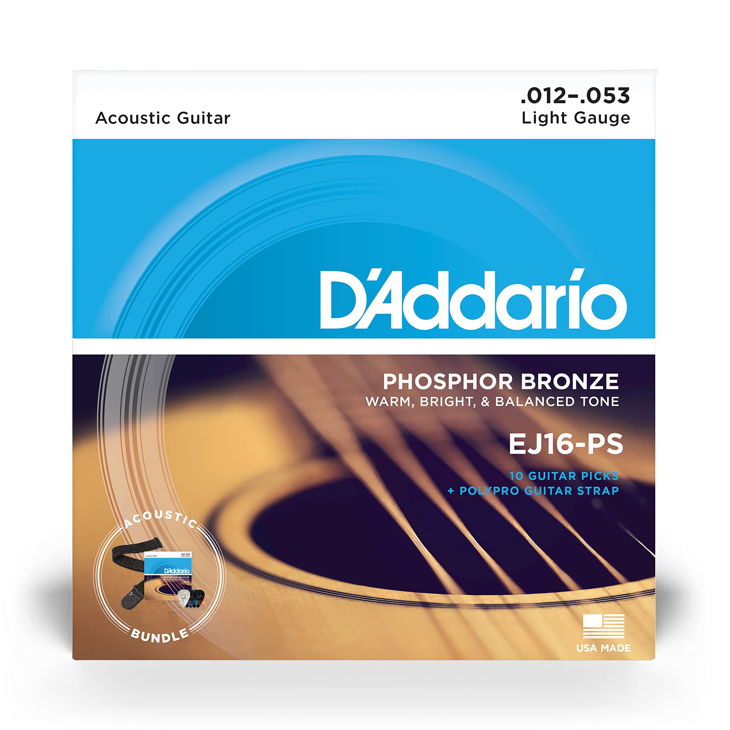 D'Addario Acoustic Guitar Strings, Picks, Strap Beginner Kit   Ej16 Phosphor Bronze Acoustic Strings, 12 53 Light   Poly Pro Bla