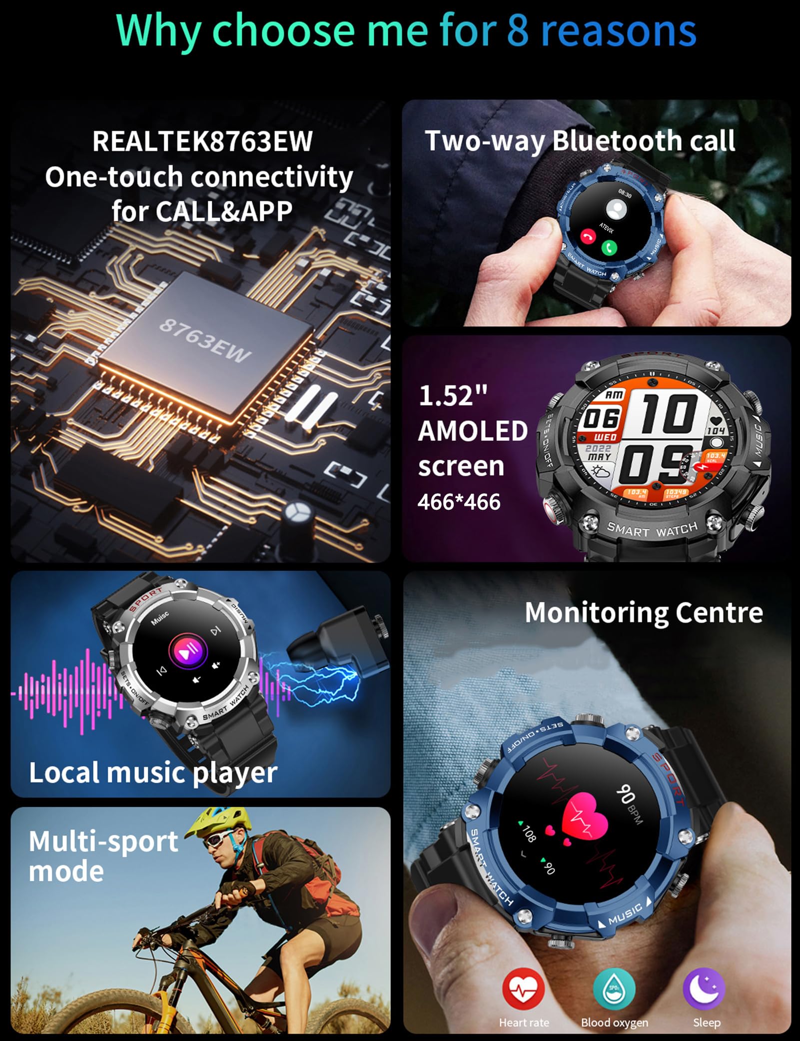 Atevix Smart Watch With Earbuds For Men, 1.52 Inch Round Fitness Watch T96, 2 In 1 Bluetooth Watch With Step,Calories, Sports Sm