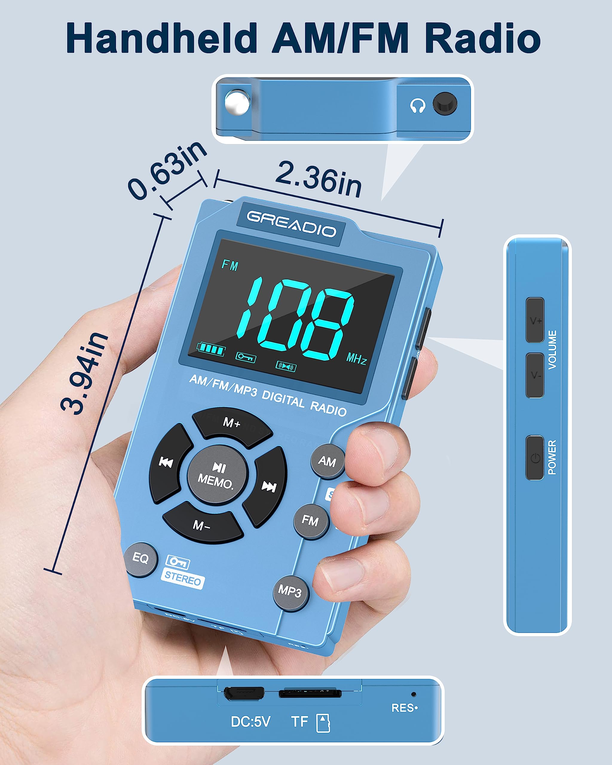 Greadio Radios Portable Am Fm With Mp3 Player,Best Reception Pocket Radio, Large Lcd Screen And Easy To Use, 6 Eq Stereo,Earphone Jack Walkman Radio,For Jogging,Walking,Camping Am Fm Radio