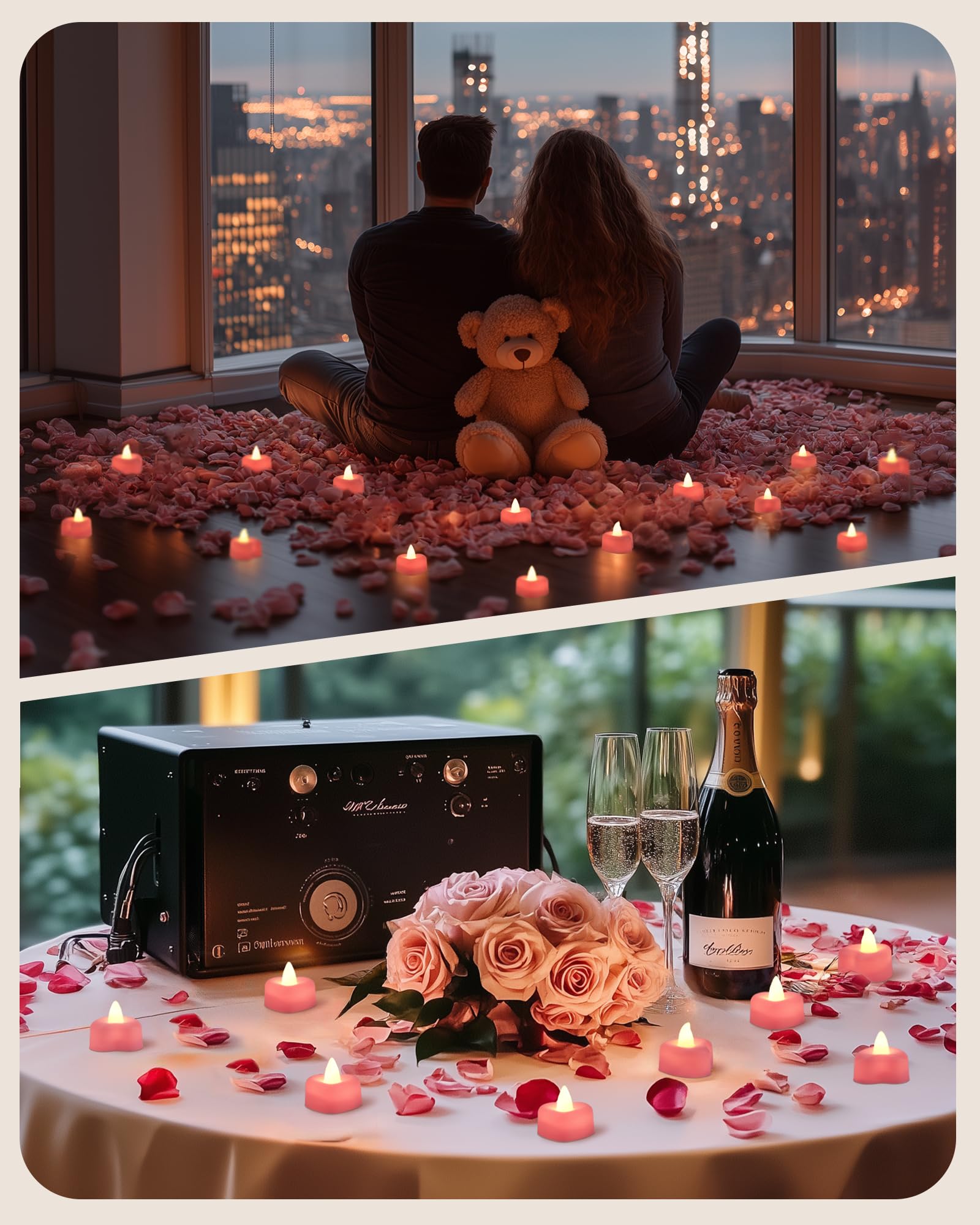 Amagic 4000 Pieces Pink Artificial Rose Petals With 50 Pink Heart Led Tea Lights, Rose Petals And Candles Set For Proposal, Anni