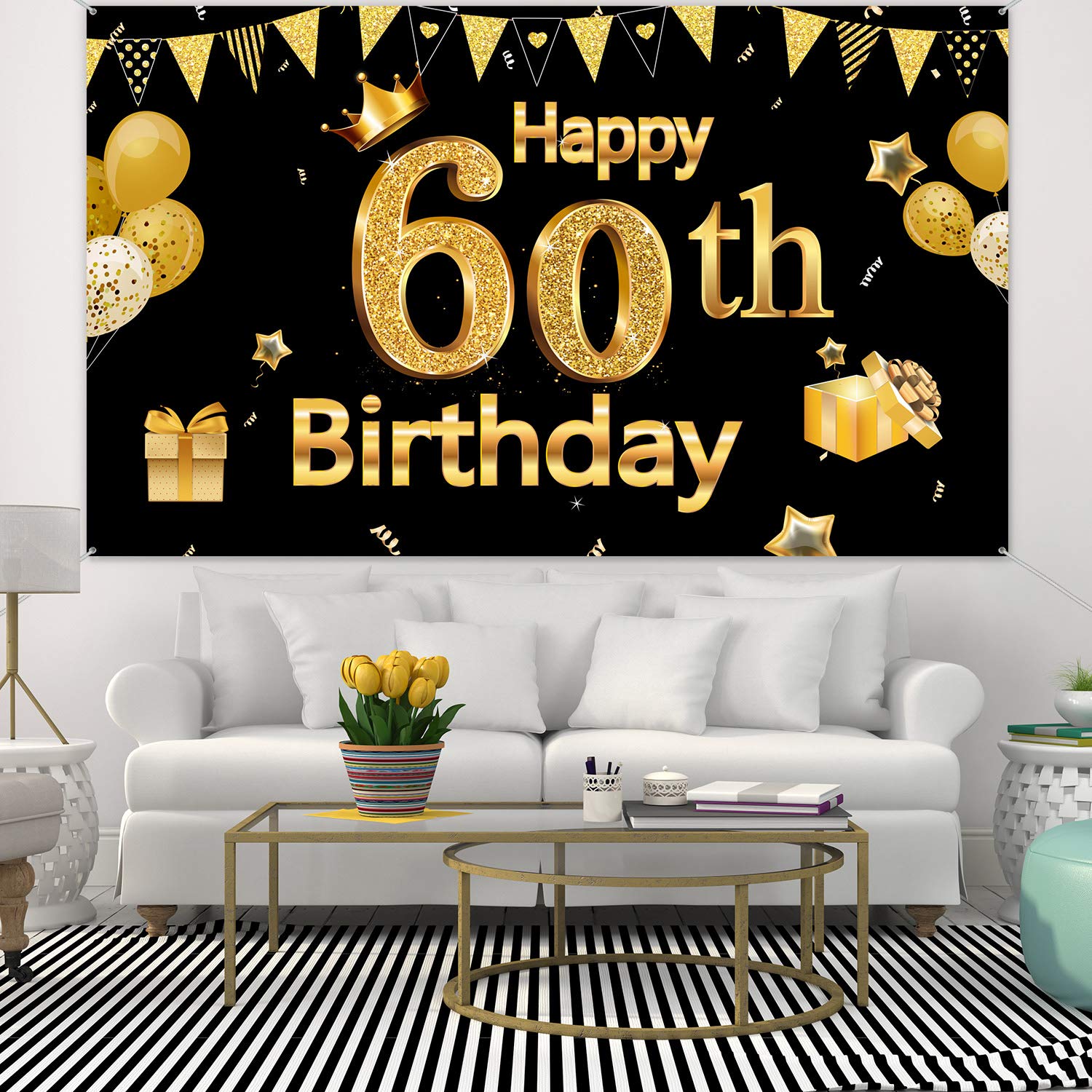60Th Birthday Banner For Men Women, 60Th Party Decoration Supplies Backdrop Large Black Gold Sign Poster Photo Booth Background