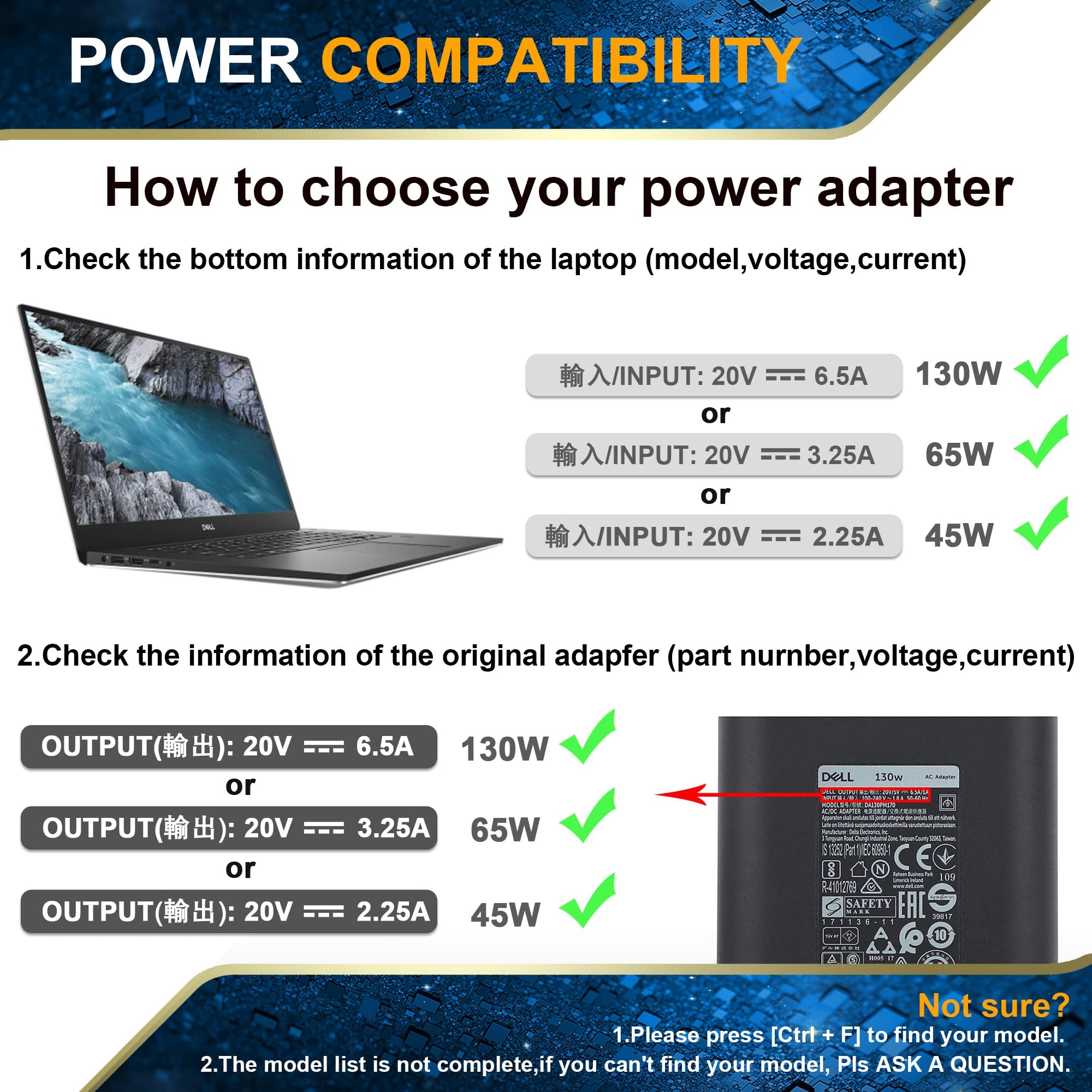 130W Ac Adapter Laptop Charger For Dell Xps 15 7590 9530 9550 9560 9570 7347 7348 7459 Precision M3800 M2800 5510 5520 5530 5540