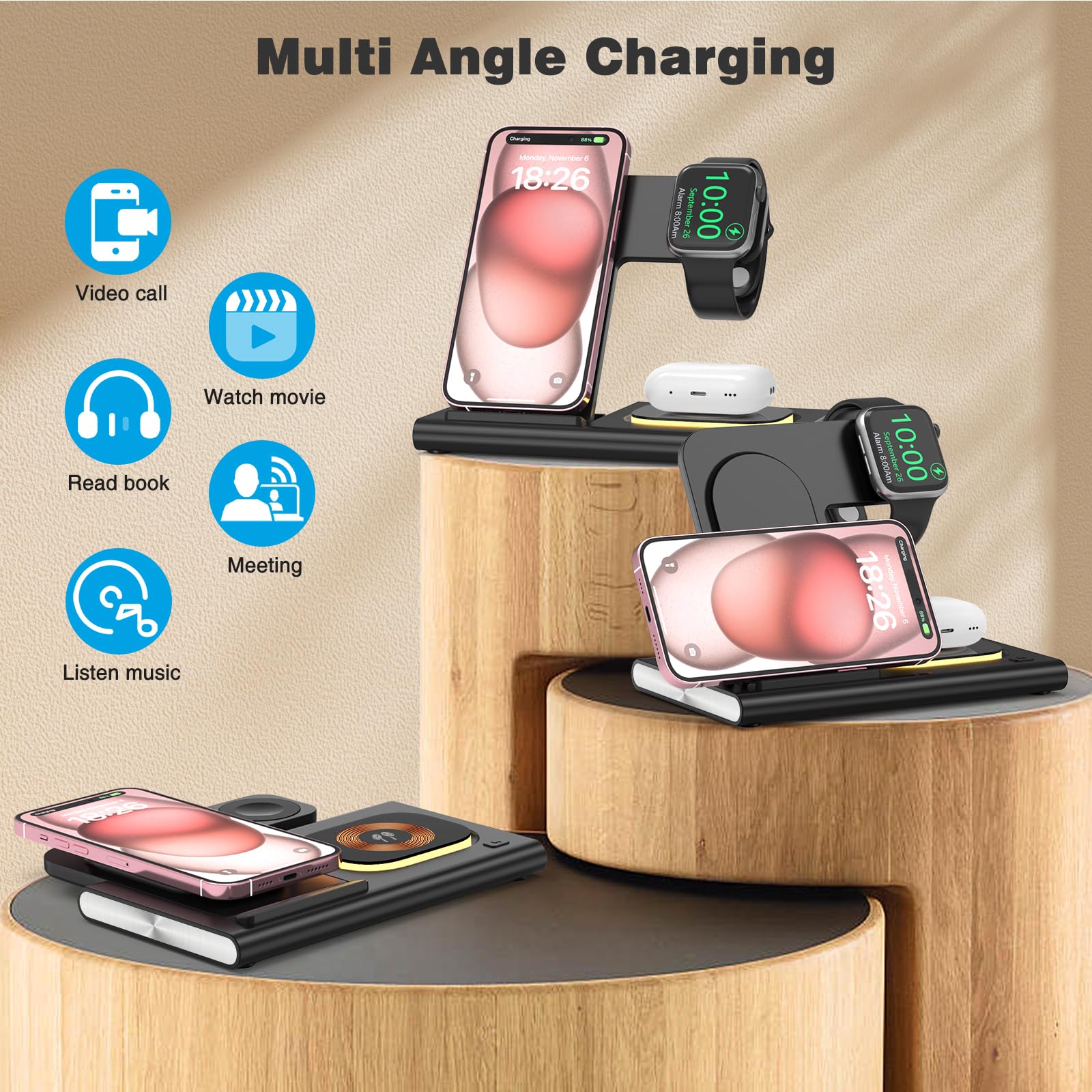 Wireless Charging Station For Iphone 15 Pro Max/14/13/12/11, 25W 3 In 1 Wireless Charger Stand ? Usb C Cable 3Ft, Wireless Charg