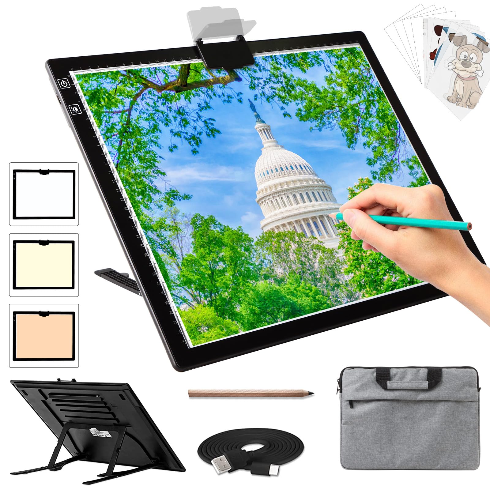 A3 Light Board for Diamond Painting - Rechargeable Tracing Light Box with Carry Bag, 3 Colours Stepless Dimmable 6 Levels Bright