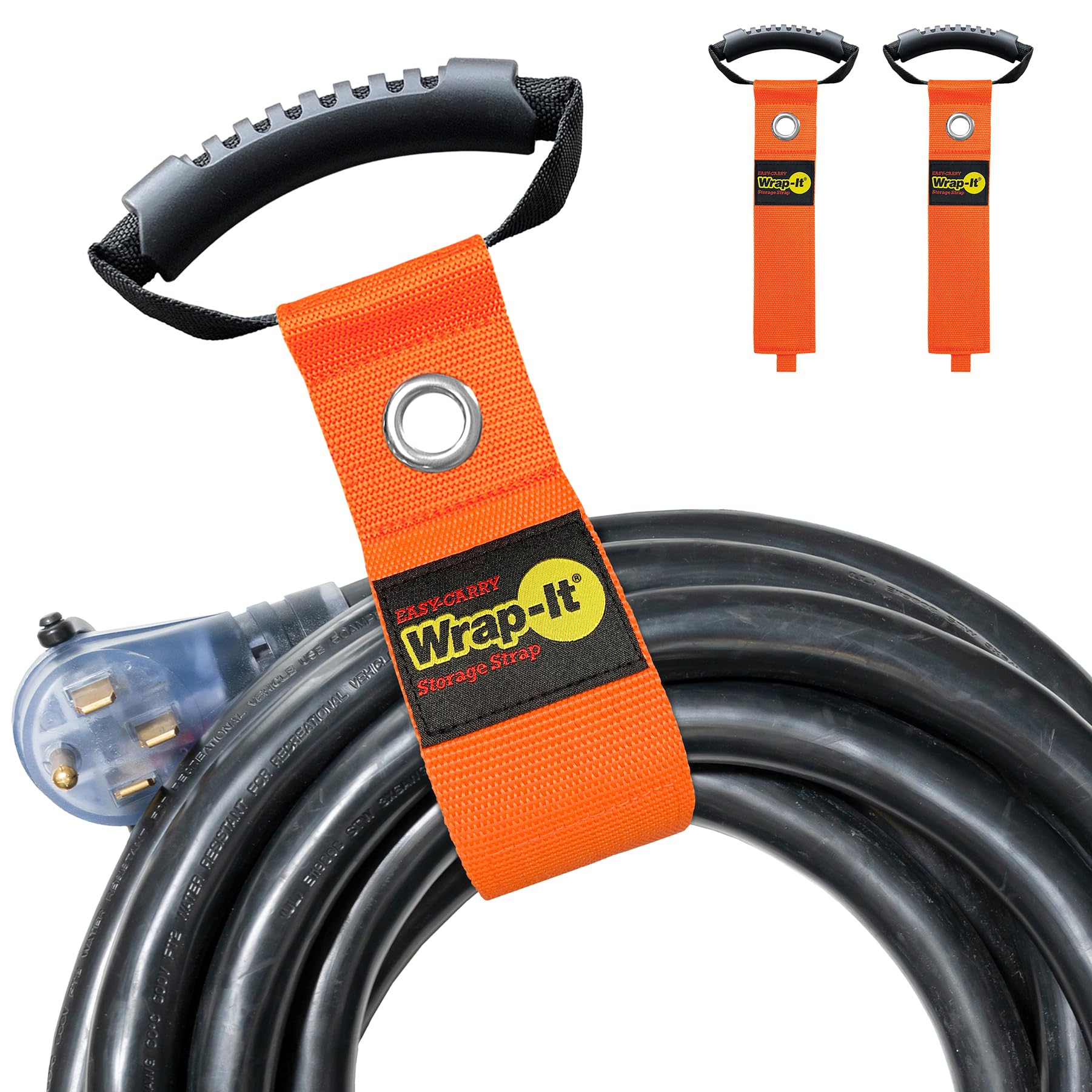 Easy-Carry Wrap-It Storage Straps - 22    (2-Pack) Blaze Orange with Grommet - Extension Cord Storage Holders and Carrying Strap