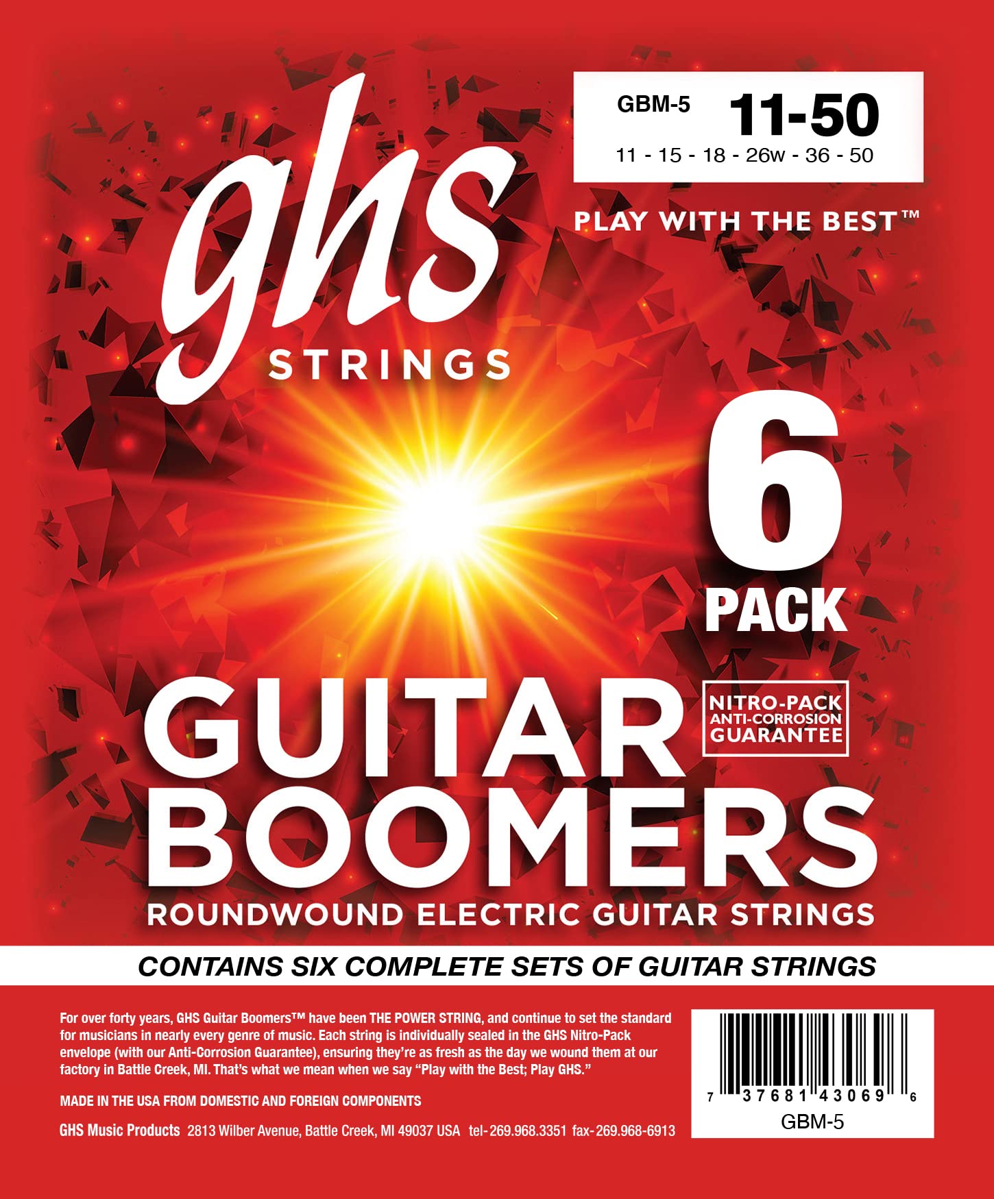 Ghs Strings Gbm 5 Guitar Boomers, Nickel Plated Electric Guitar Strings, Medium, 6 Pack (.011 .050)