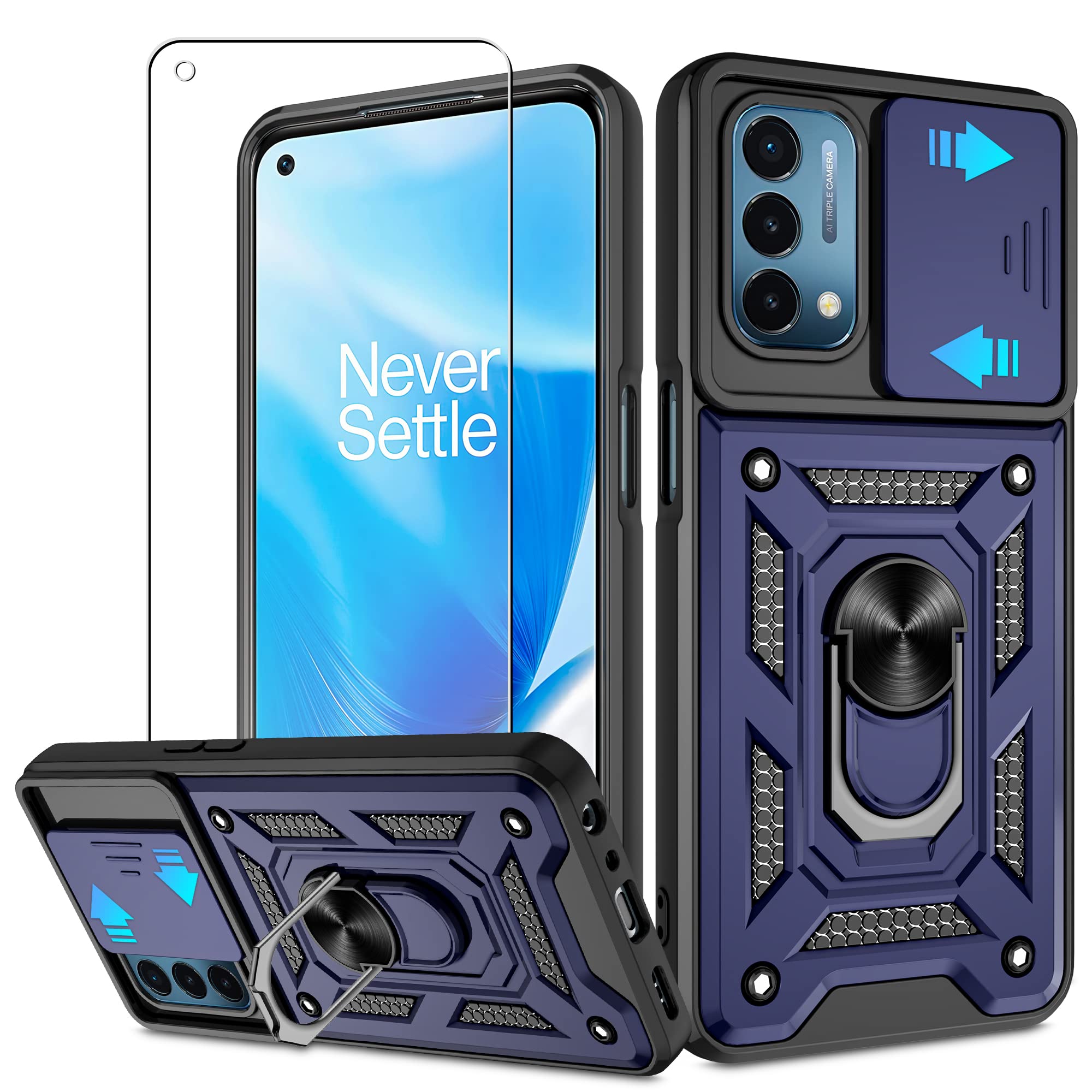 For Oneplus Nord N200 5G Case With Hd Screen Protector With Slide Camera Cover, Atump 360 Rotation Ring Kickstand [Military Grad