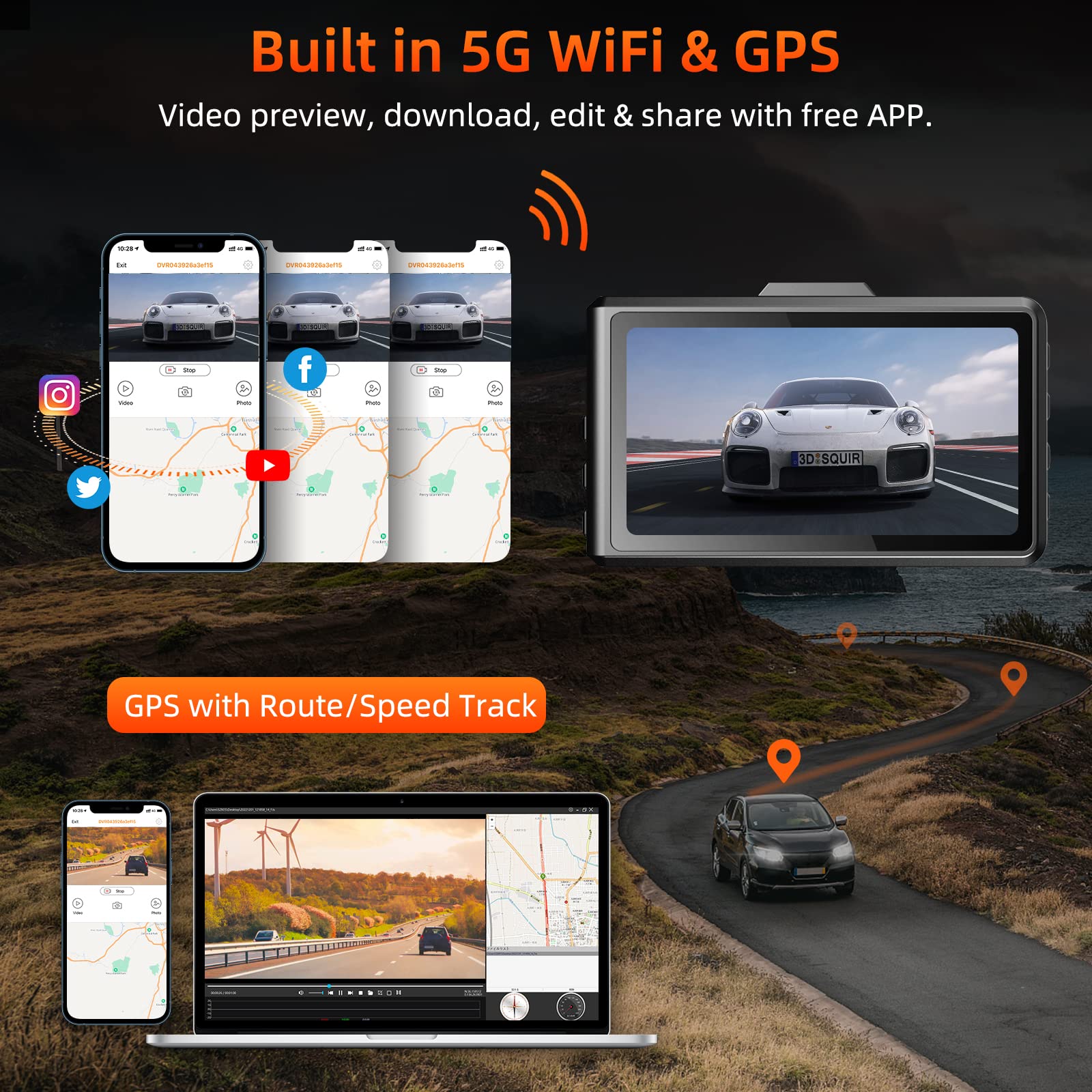 Spade Dash Cam Front And Rear, 4K+1080P Wifi Gps Dash Camera For Cars With 64G Sd Card, Voice Control Wide Angle Dashcam Front A