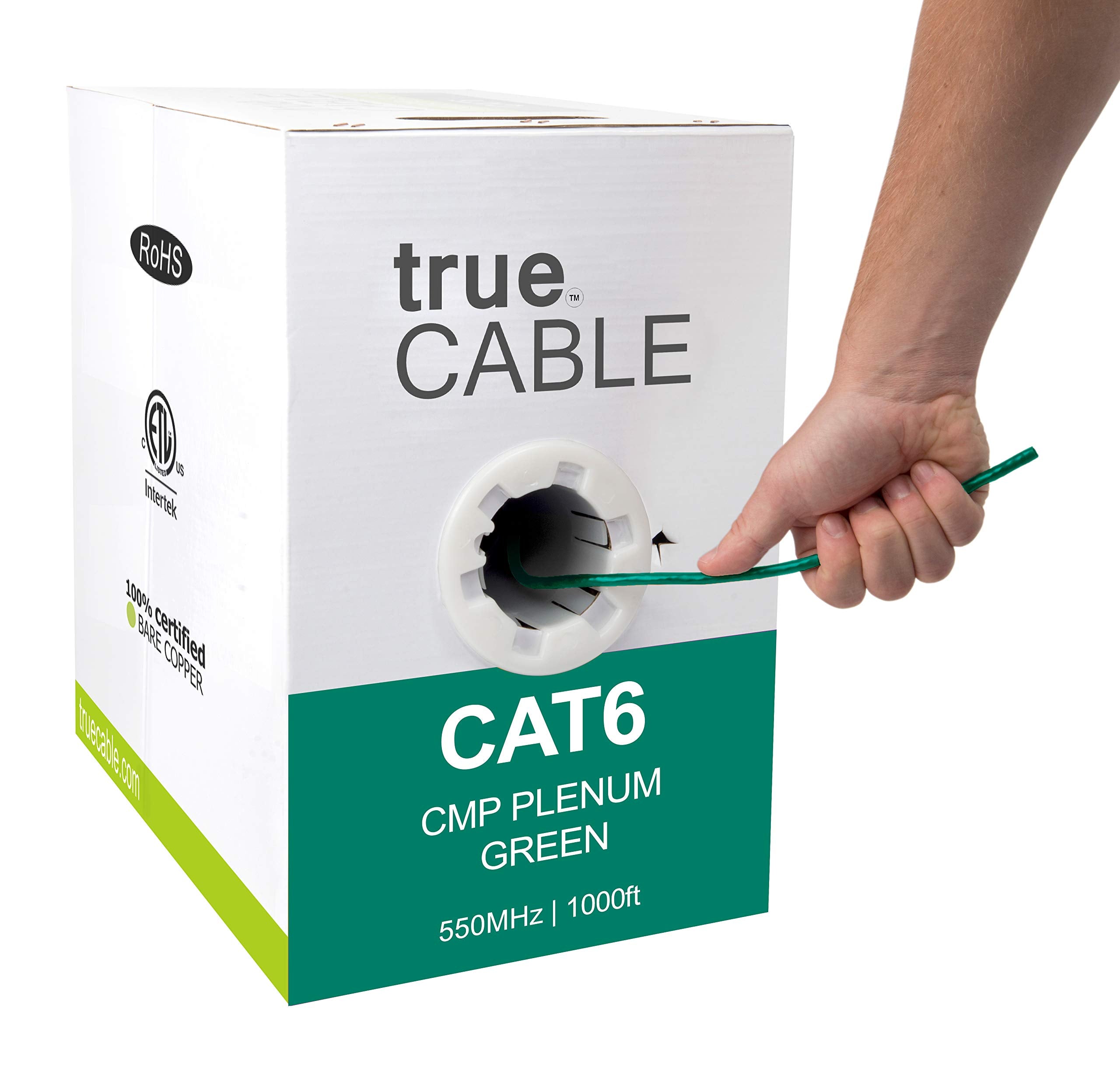 Truecable Cat6 Plenum (Cmp), 1000Ft, Green, 23Awg 4 Pair Solid Bare Copper, 550Mhz, Poe++ (4Ppoe), Etl Listed, Unshielded Twisted Pair (Utp), Bulk Ethernet Cable