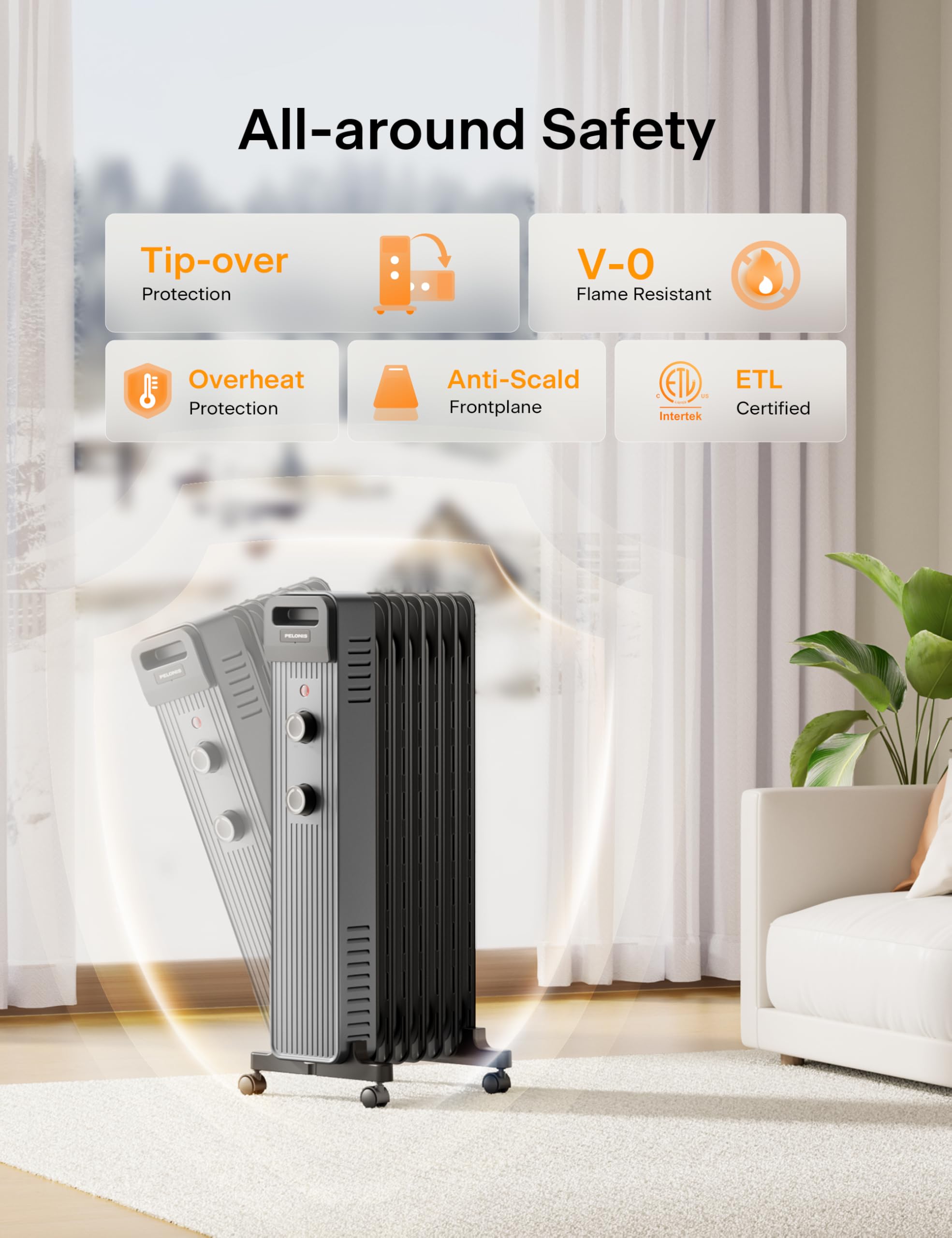 Pelonis Oil Filled Radiator Heater, 1500W Quiet Warmth Radiant Heater, 3 Heating Modes, Overheat & Tip-Over Protection, Adjustab