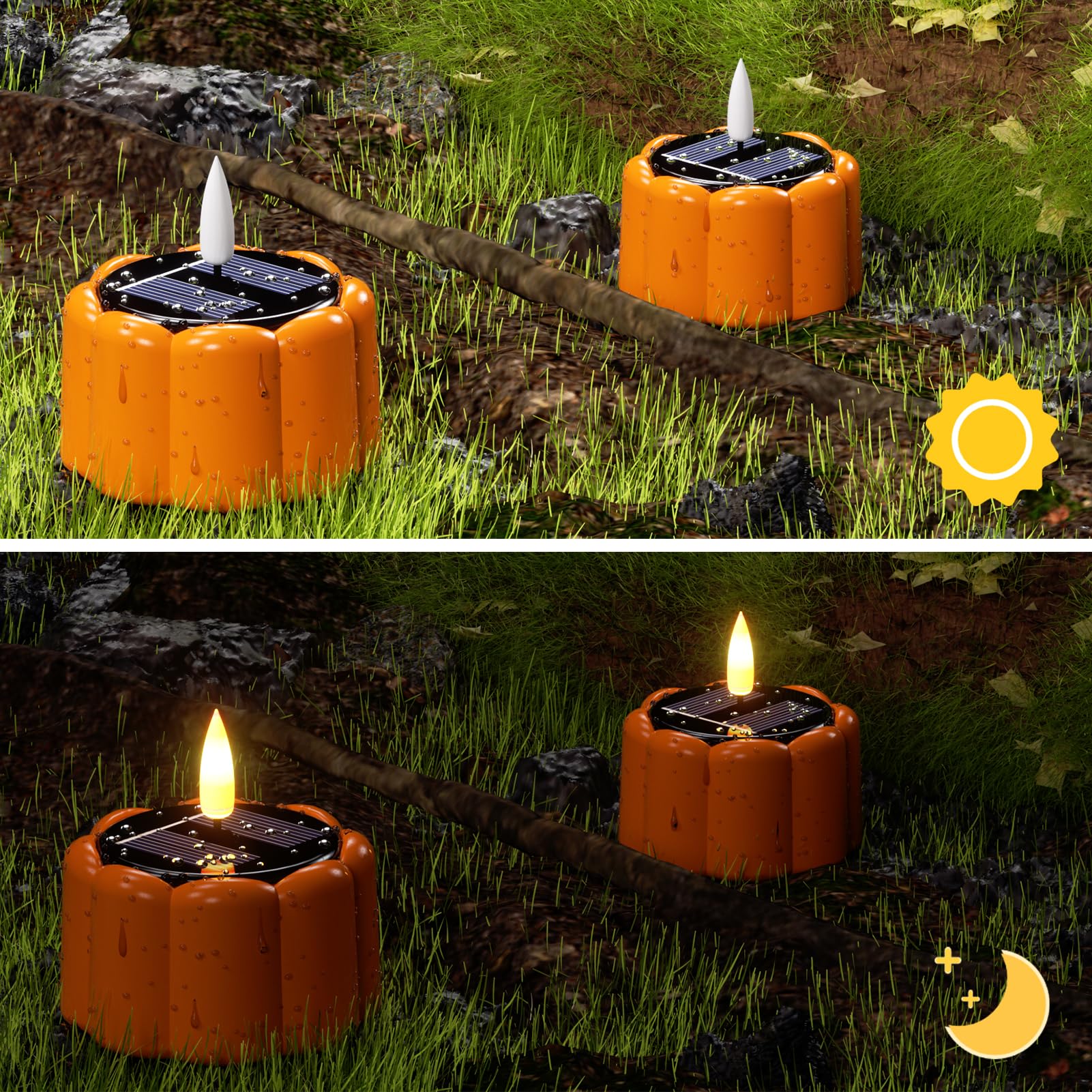 Wondise Halloween Solar Tea Lights Outdoor Candles, 6Pcs Dusk To Dawn Waterproof Pumpkins Led Candles With 3D Wick Flickering Re