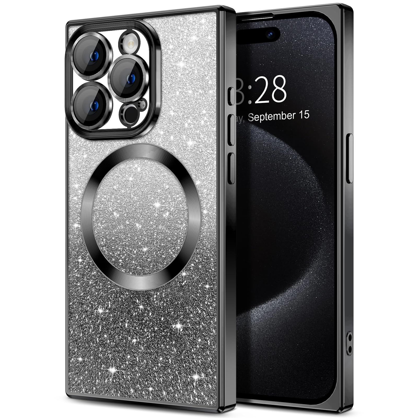 Hython For Iphone 15 Pro Case Clear Magnetic Glitter Phone Cases [Compatible With Magsafe] Full Camera Lens Protector Gradient S