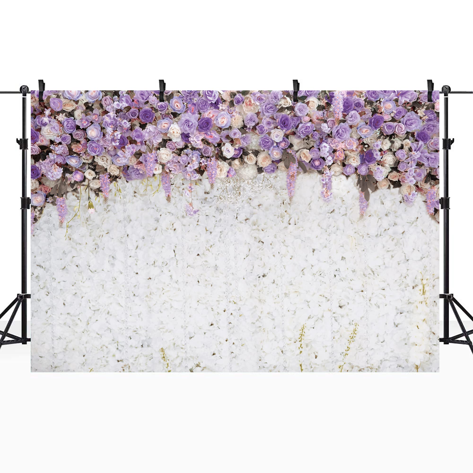 Riyidecor Lavender Bridal Shower Backdrop Polyester Fabric White Floral Light Purple Lilac Flower Wedding 7Wx5H Feet Girl Portra